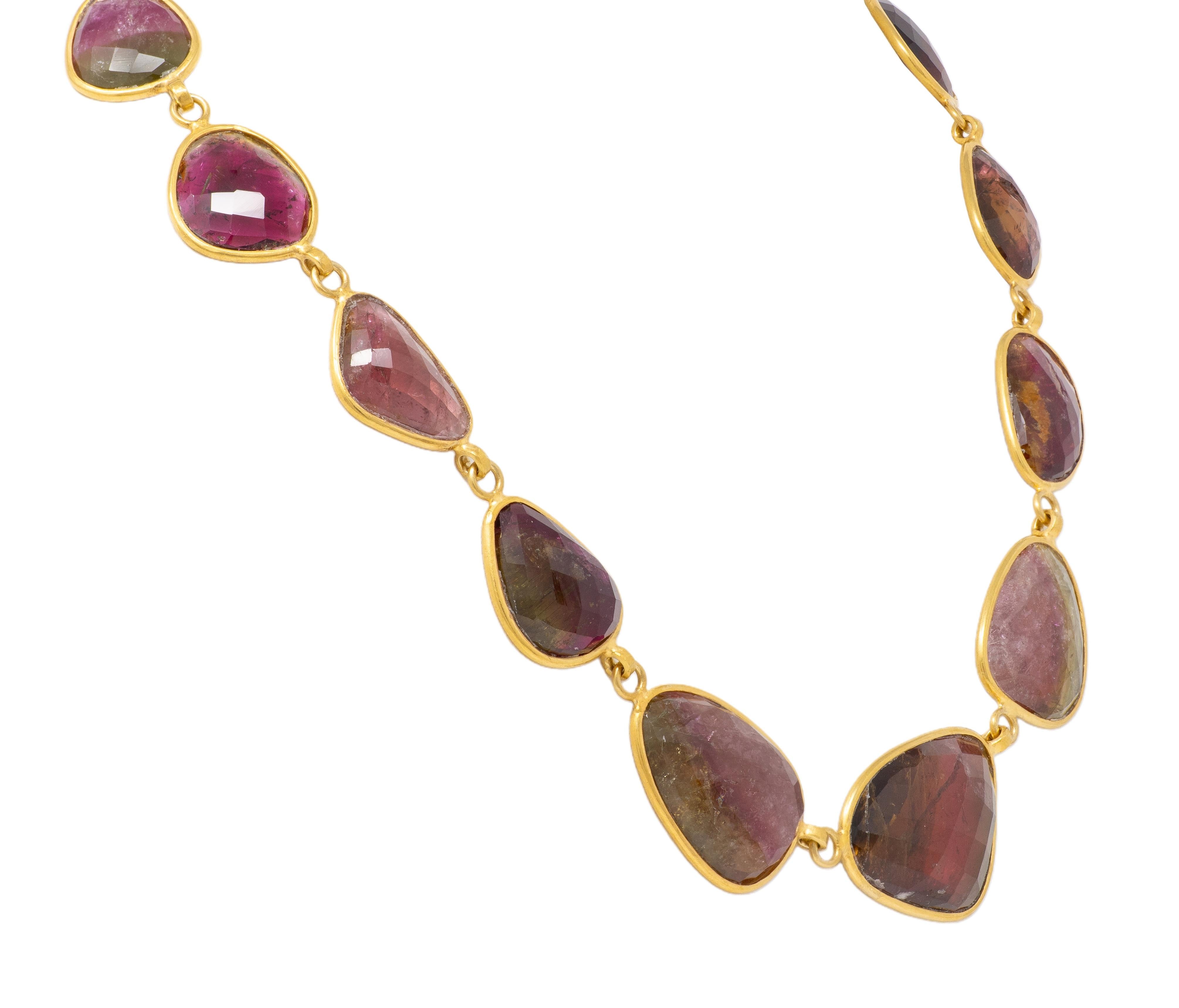 Contemporary Watermelon Tourmaline 20 Karat Yellow Gold Bezel Link Necklace