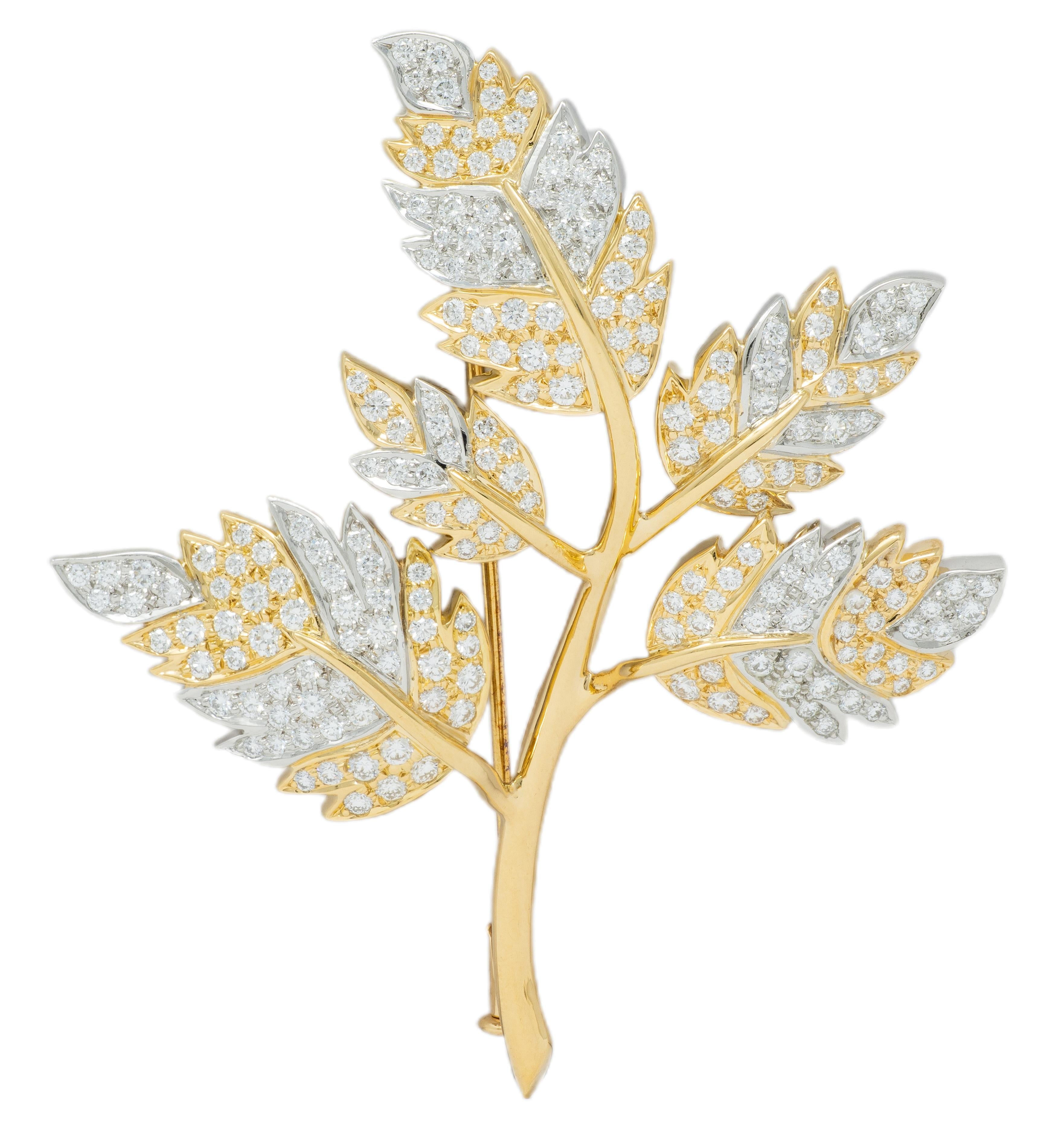 Schlumberger Tiffany & Co. Diamond Platinum 18 Karat Yellow Gold 5 Leaf Brooch