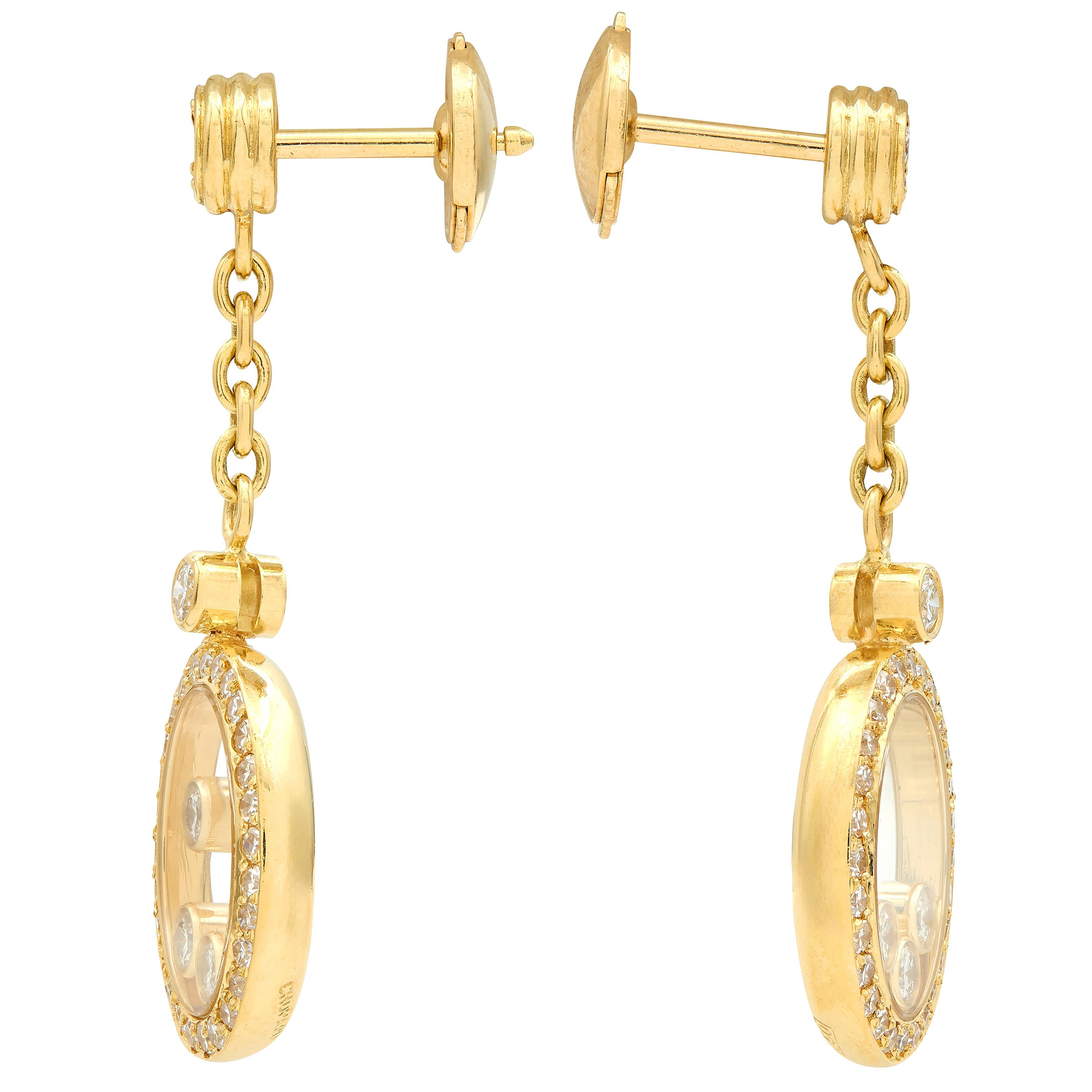 Chopard 2000 1.00 CTW Diamond 18 Karat Yellow Gold Happy Diamonds Drop Earrings