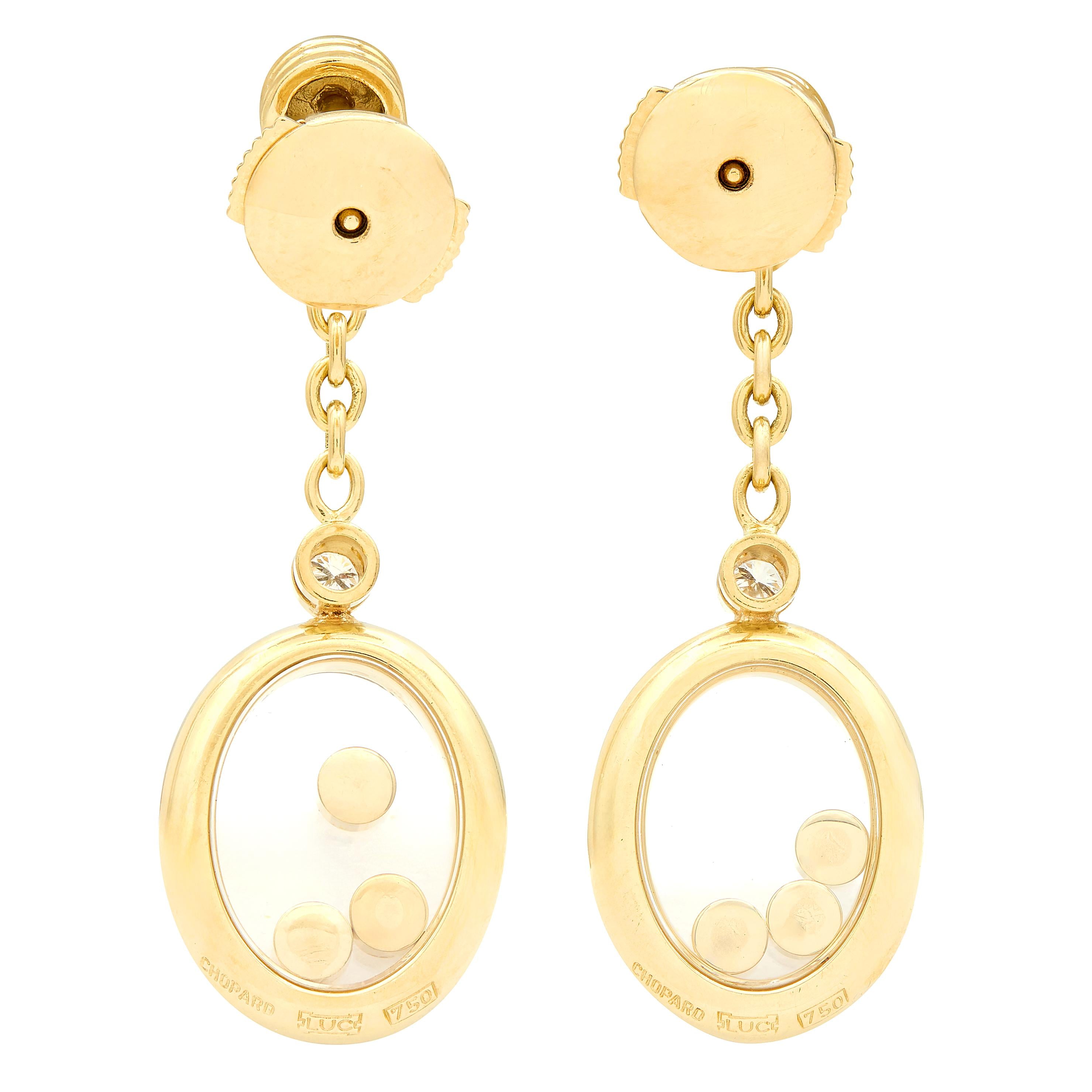 Chopard 2000 1.00 CTW Diamond 18 Karat Yellow Gold Happy Diamonds Drop Earrings