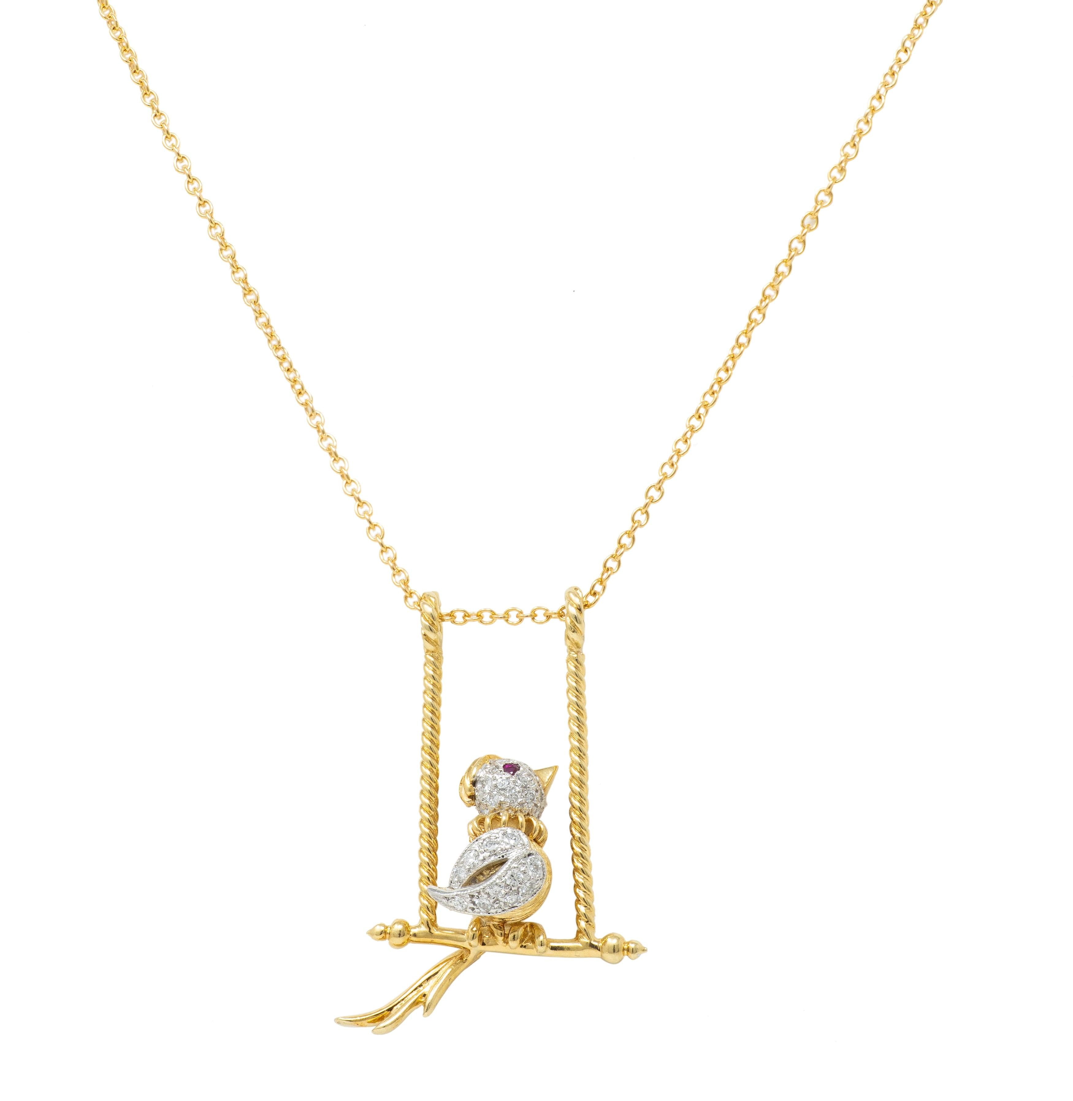 Diamond Ruby Platinum 18 Karat Yellow Gold Bird-On-A-Swing Pendant Necklace