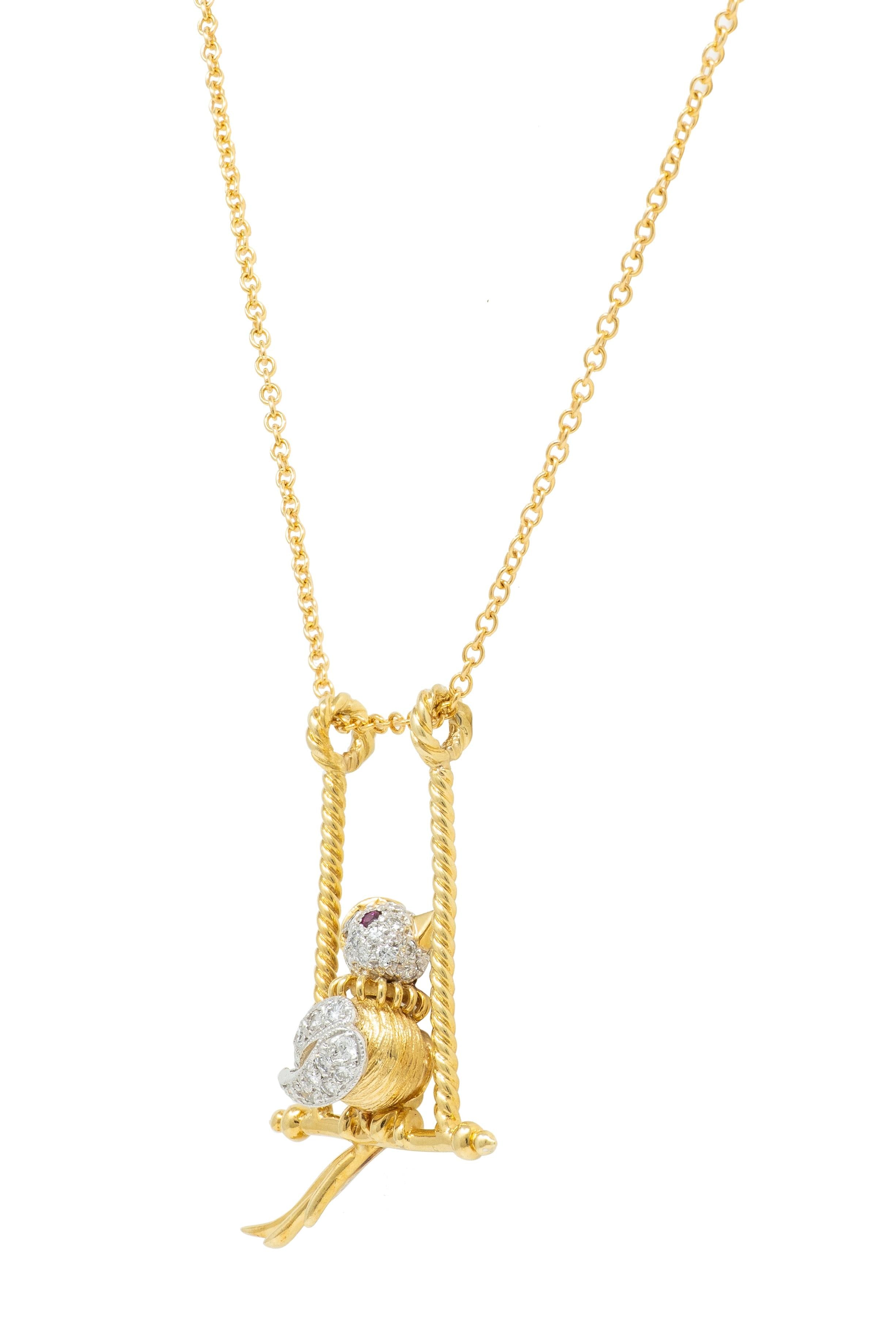 Diamond Ruby Platinum 18 Karat Yellow Gold Bird-On-A-Swing Pendant Necklace