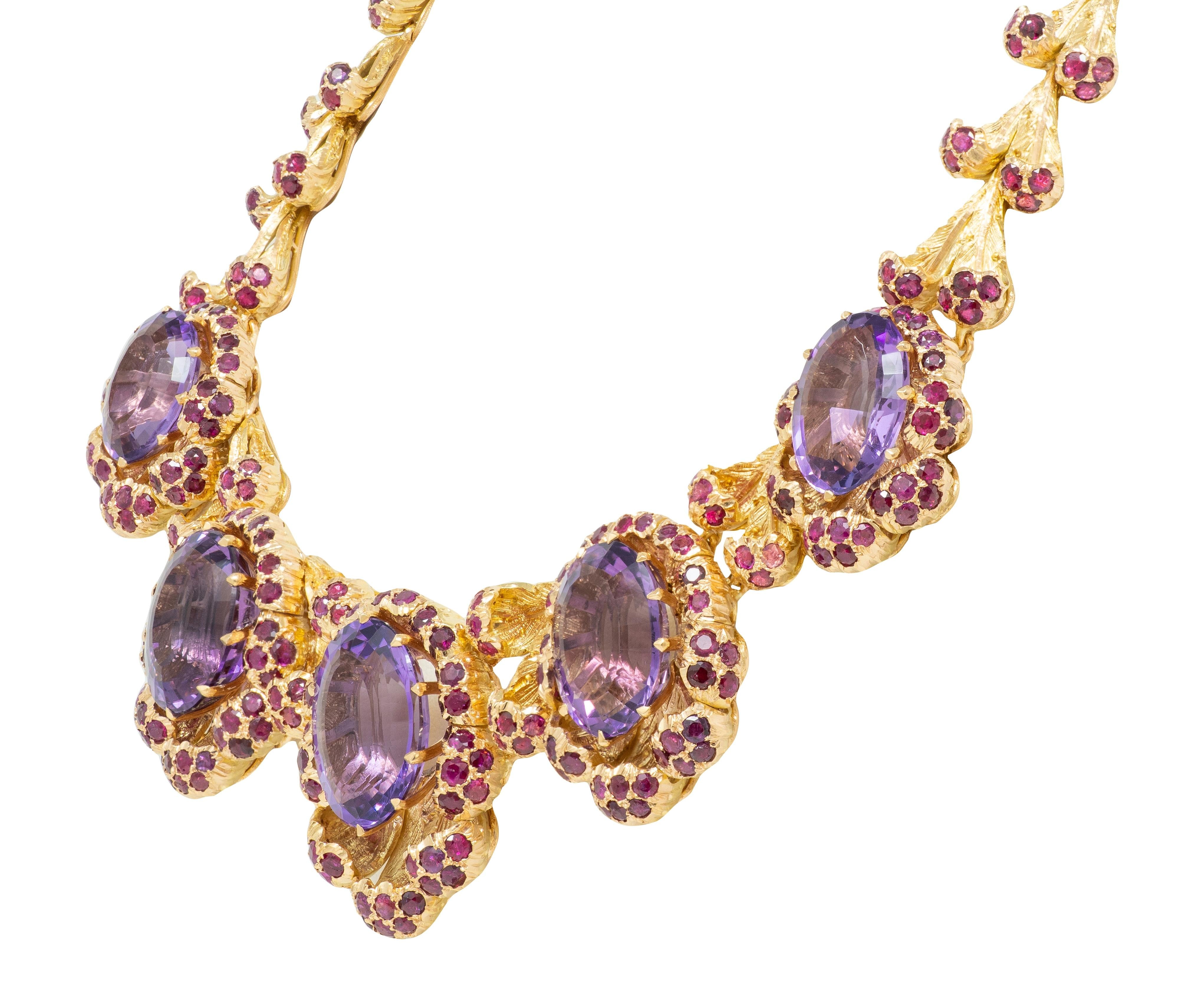 Buccellati 1960 132.76 CTW Amethyst Ruby 18K Gold Vintage Floral Collar Necklace
