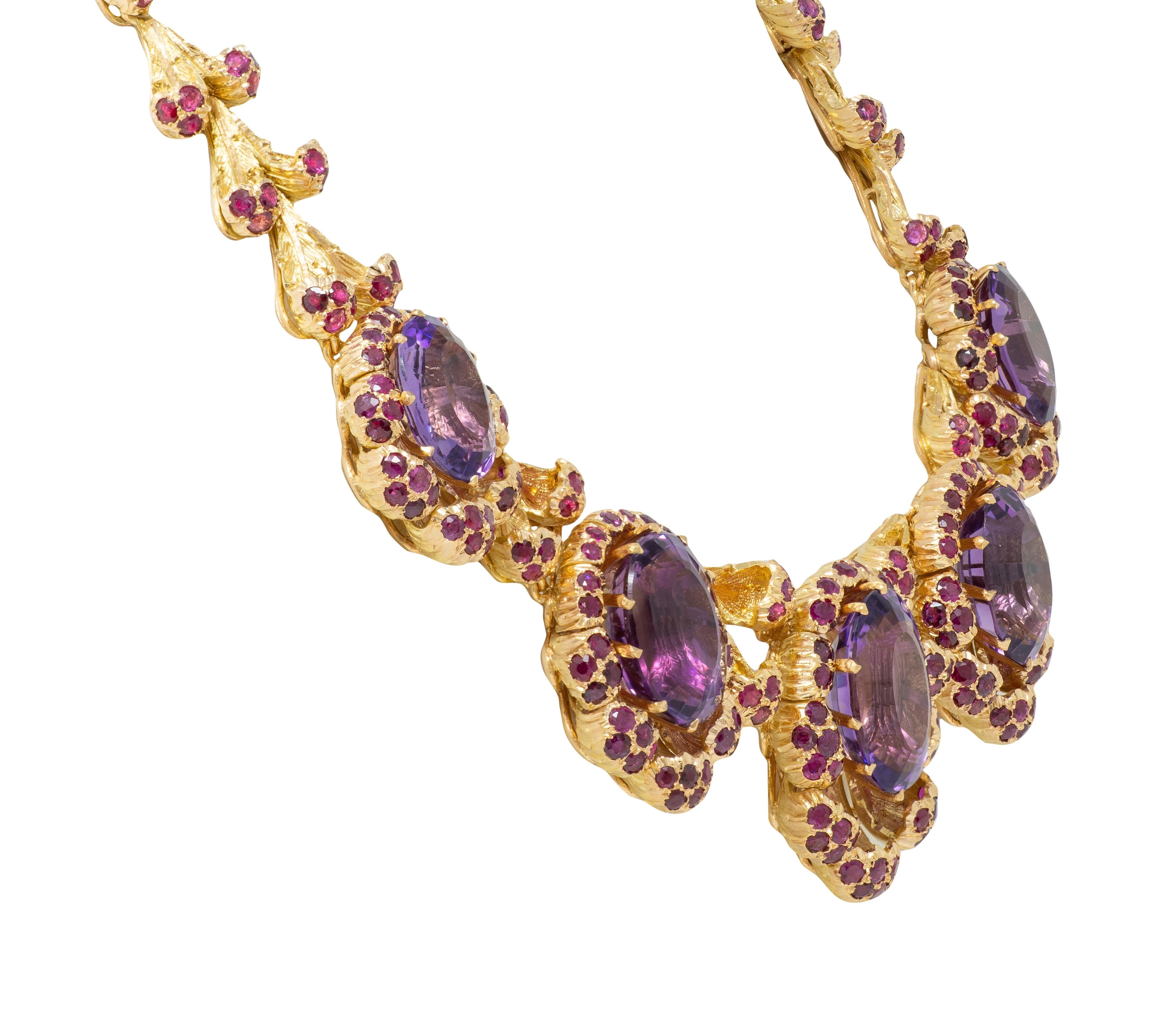 Buccellati 1960 132.76 CTW Amethyst Ruby 18K Gold Vintage Floral Collar Necklace