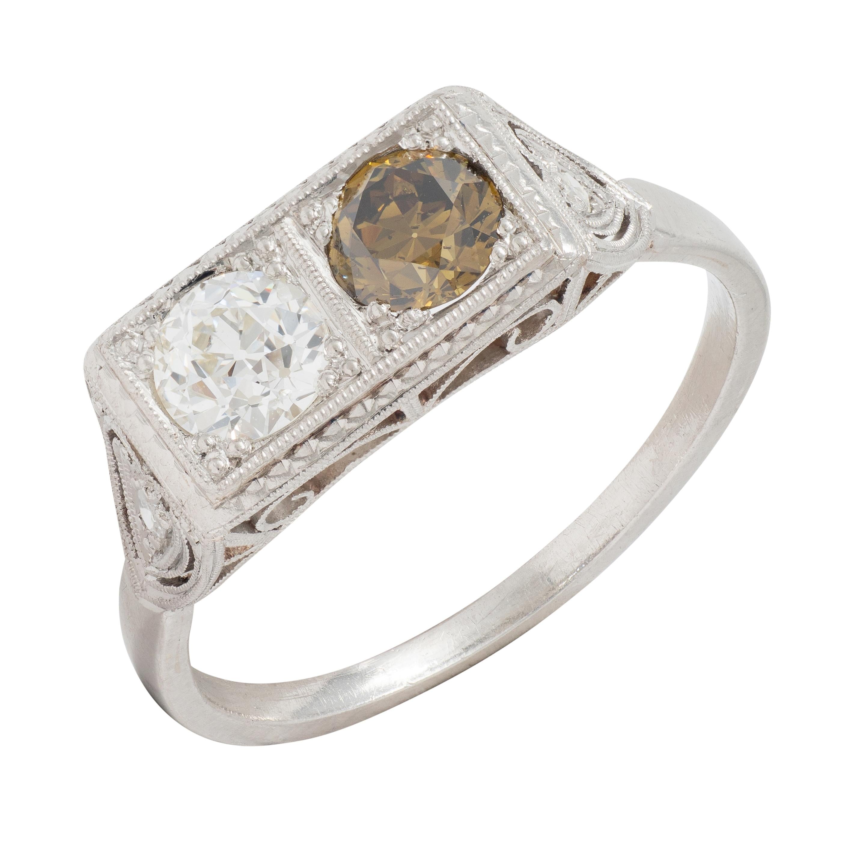 Art Deco Fancy Diamond Platinum Vintage Toi Et Moi Heart Engagement Ring