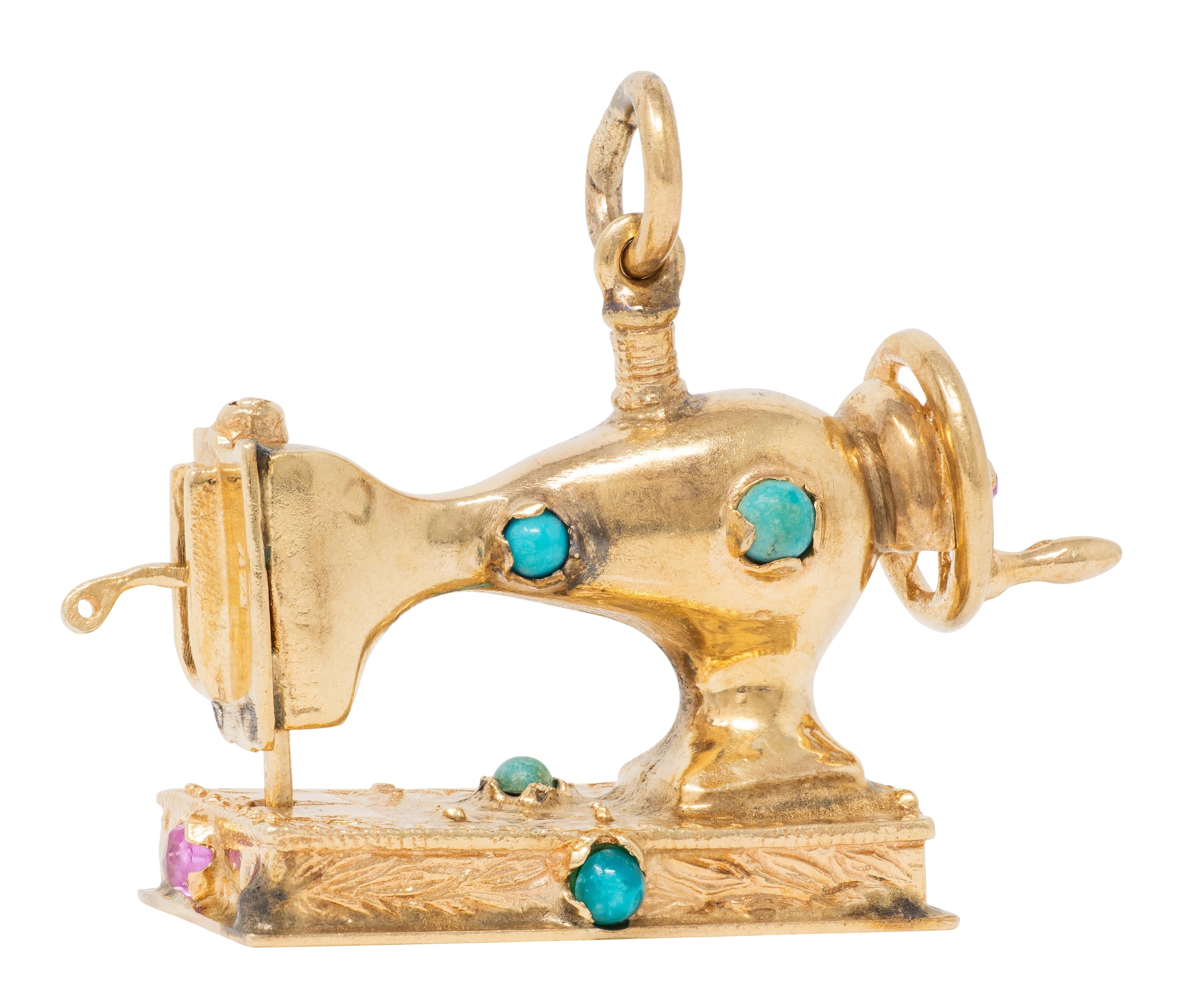 1960's Turquoise Topaz 14 Karat Yellow Gold Antique Sewing Machine Pendant Charm