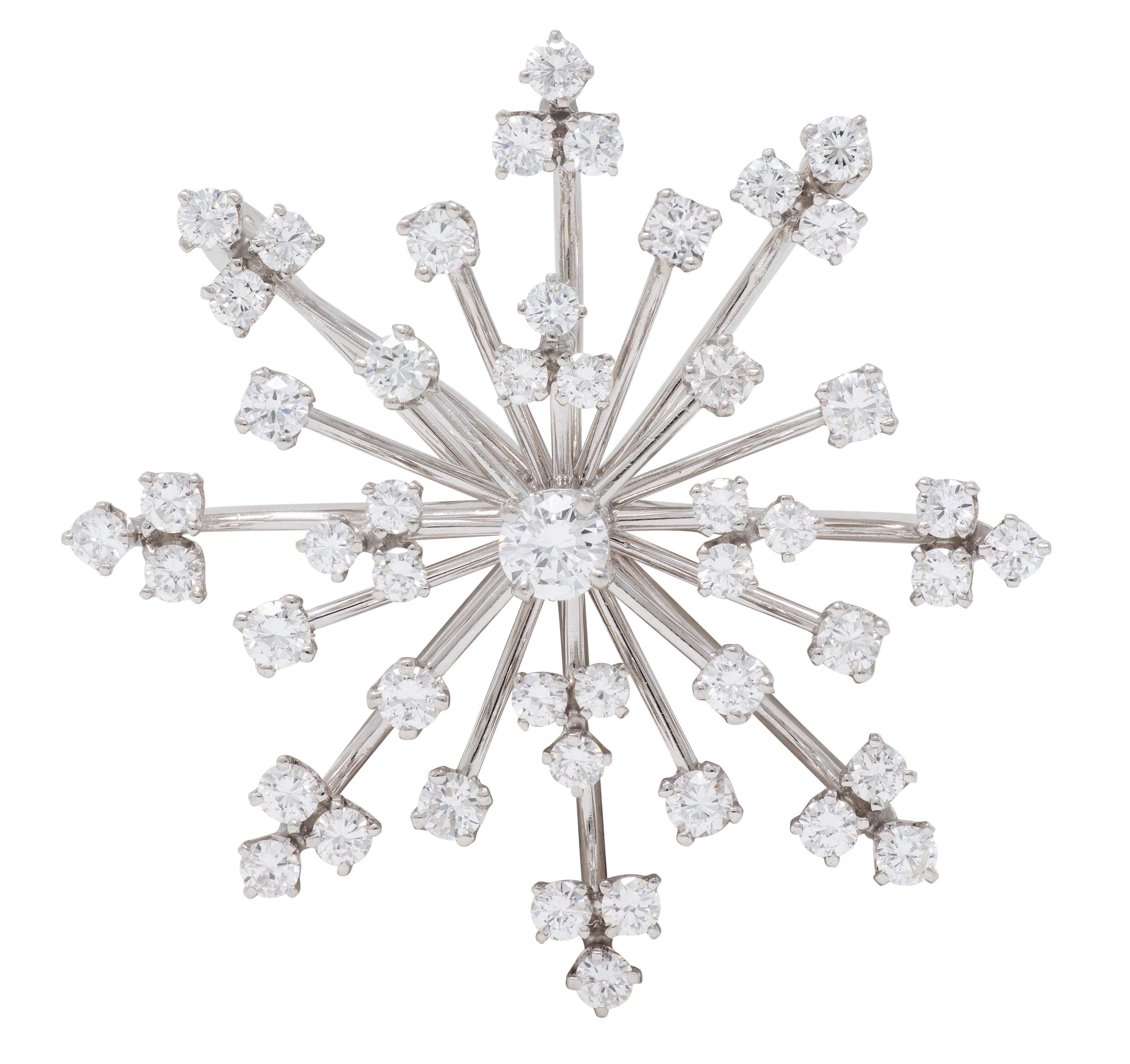 1960's Diamond Platinum Vintage Starburst Snowflake Pendant Brooch
