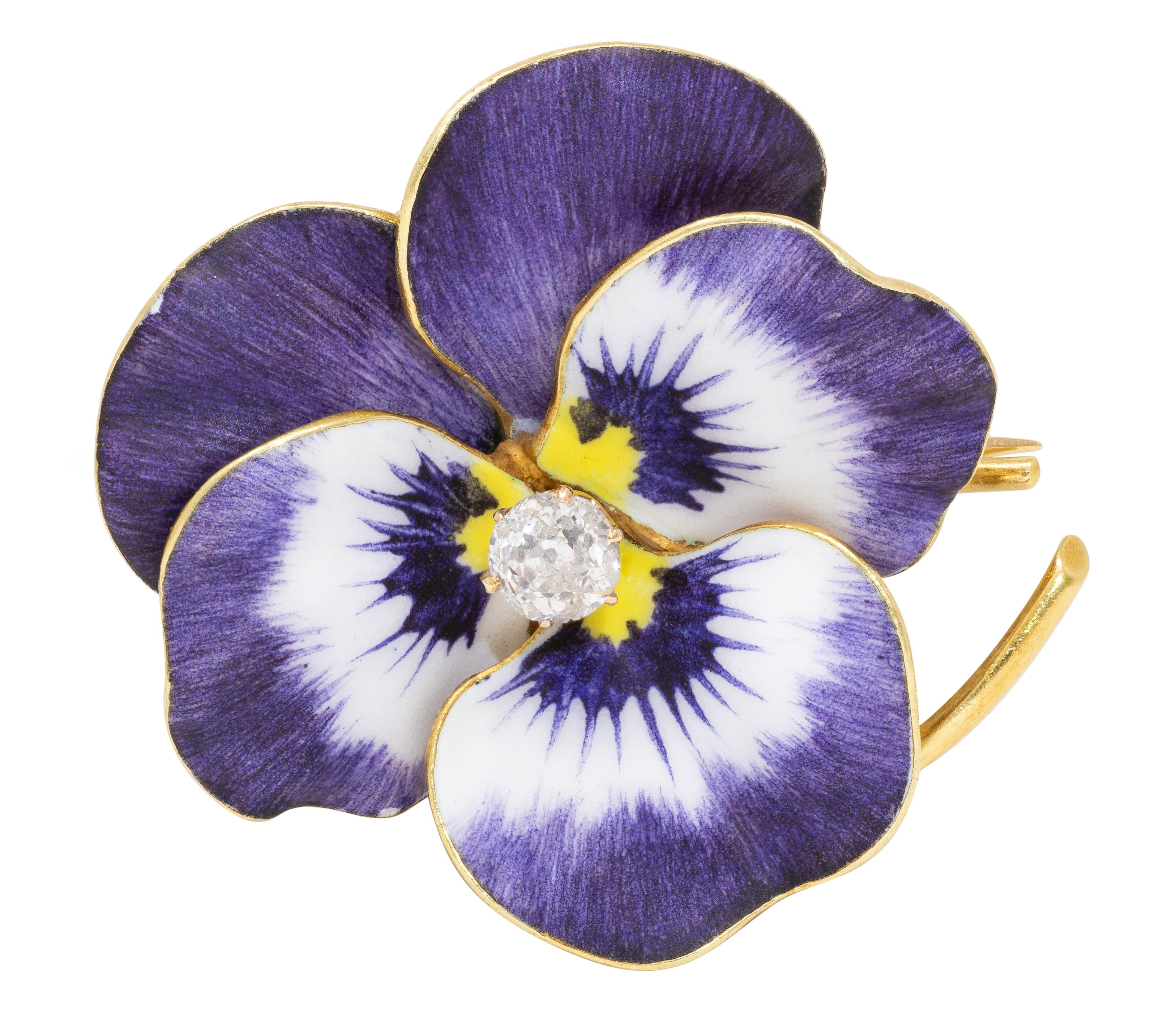 Art Nouveau Diamond Enamel 14K Yellow Gold Pansy Flower Antique Pendant Brooch