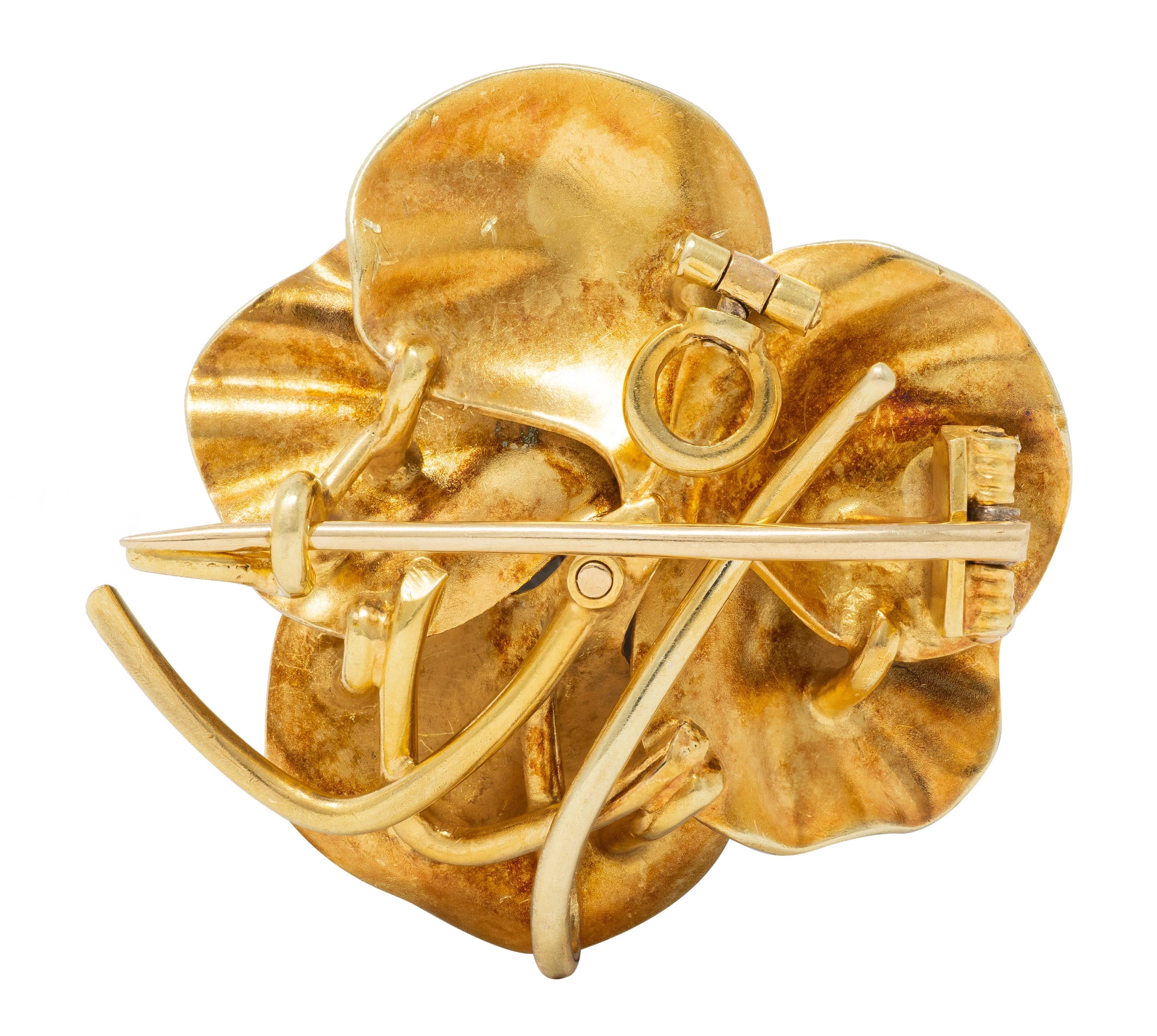 Art Nouveau Diamond Enamel 14K Yellow Gold Pansy Flower Antique Pendant Brooch