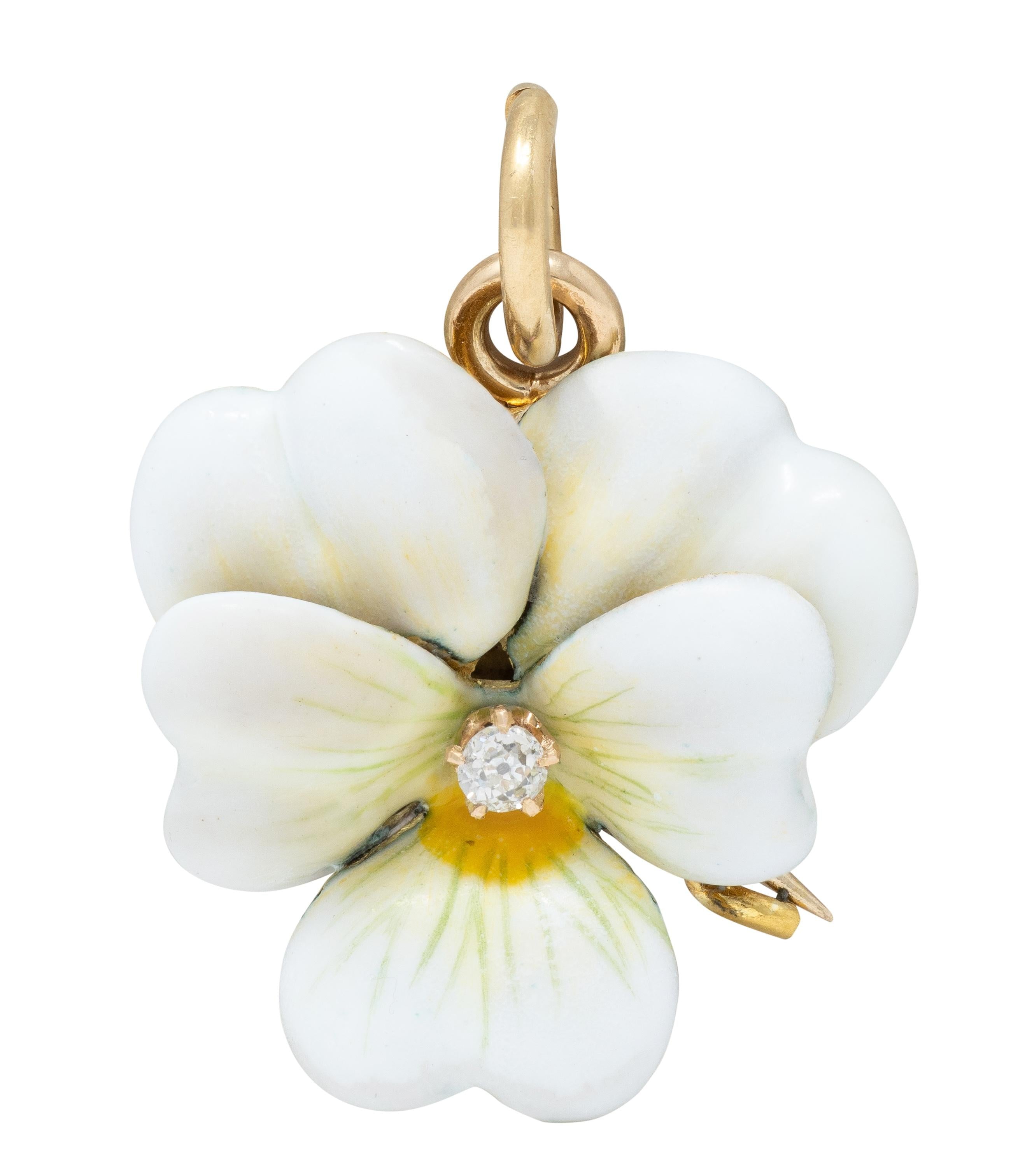 Art Nouveau Diamond White Enamel 14K Yellow Gold Antique Pansy Pendant Brooch