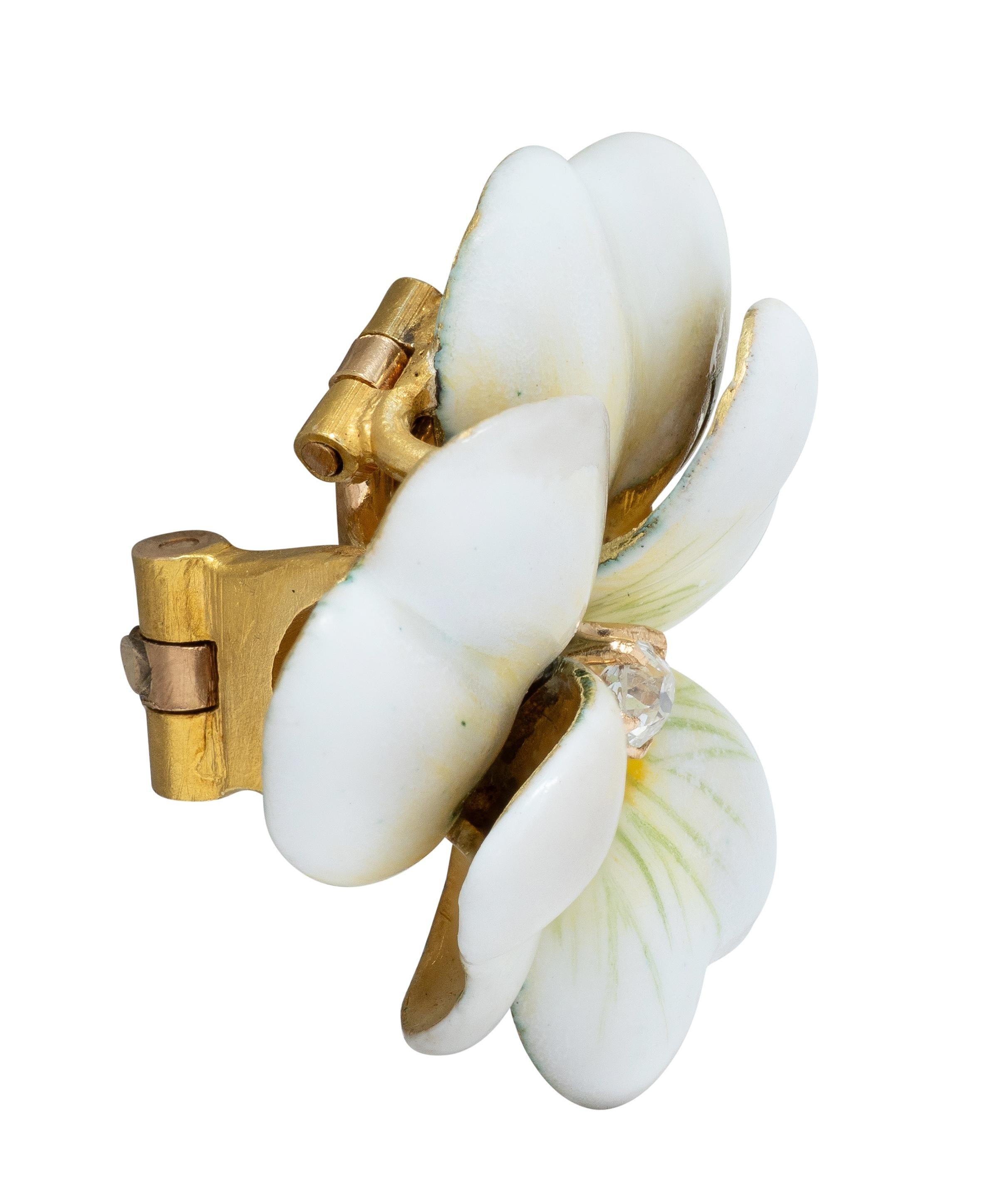 Art Nouveau Diamond White Enamel 14K Yellow Gold Antique Pansy Pendant Brooch