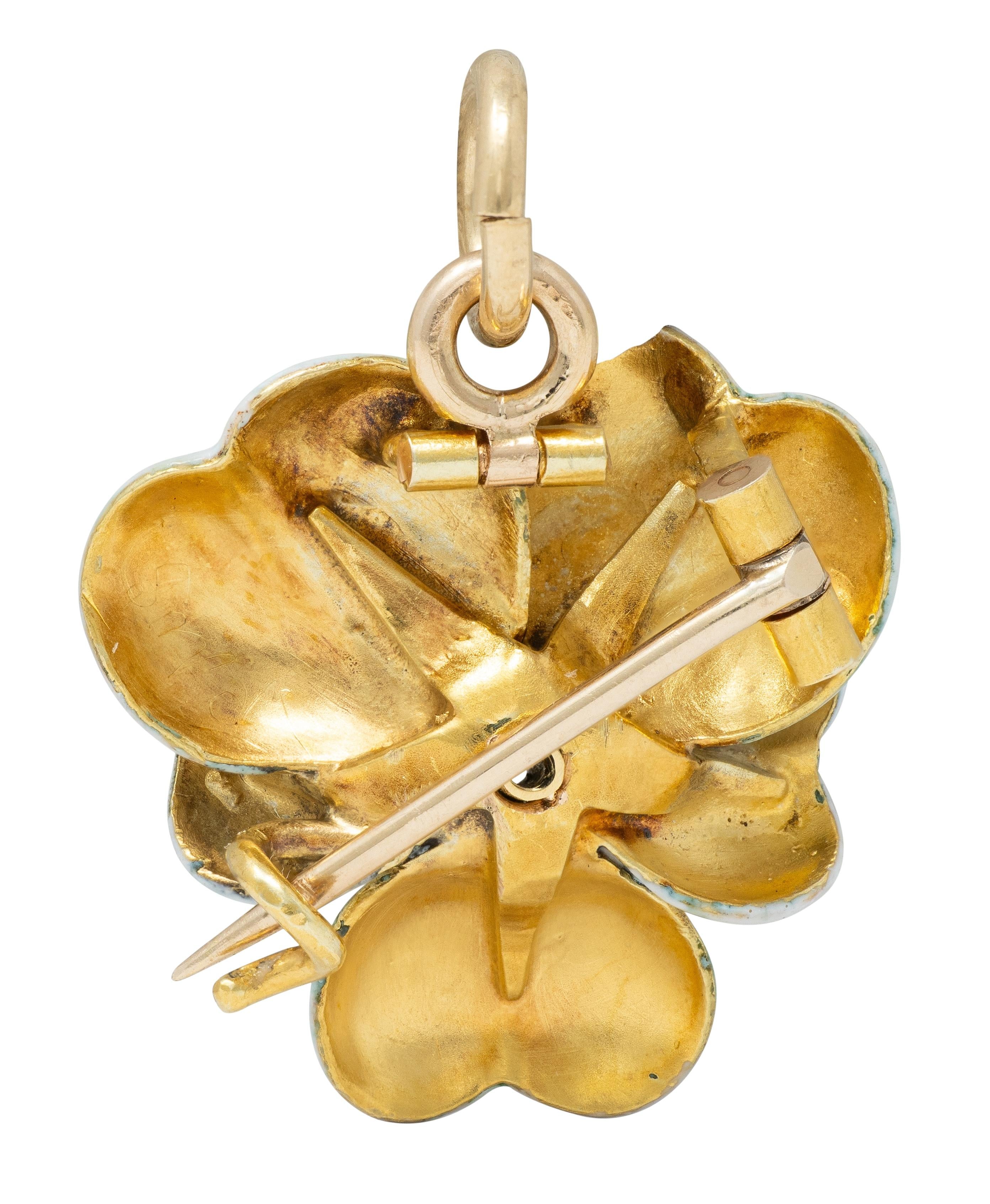 Art Nouveau Diamond White Enamel 14K Yellow Gold Antique Pansy Pendant Brooch