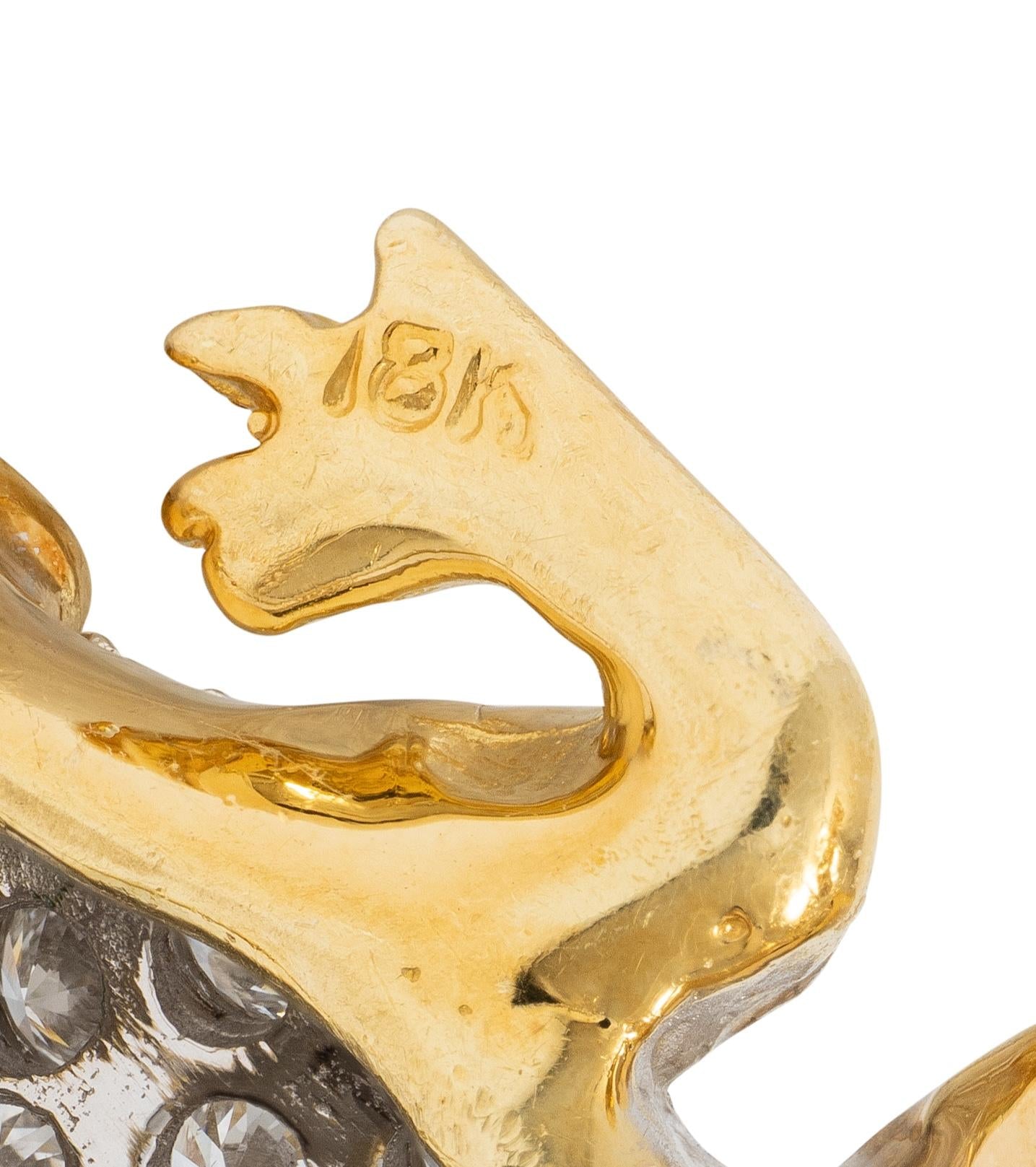 1980's 1.64 CTW Diamond Emerald 18 Karat Two-Tone Gold Vintage Frog Brooch