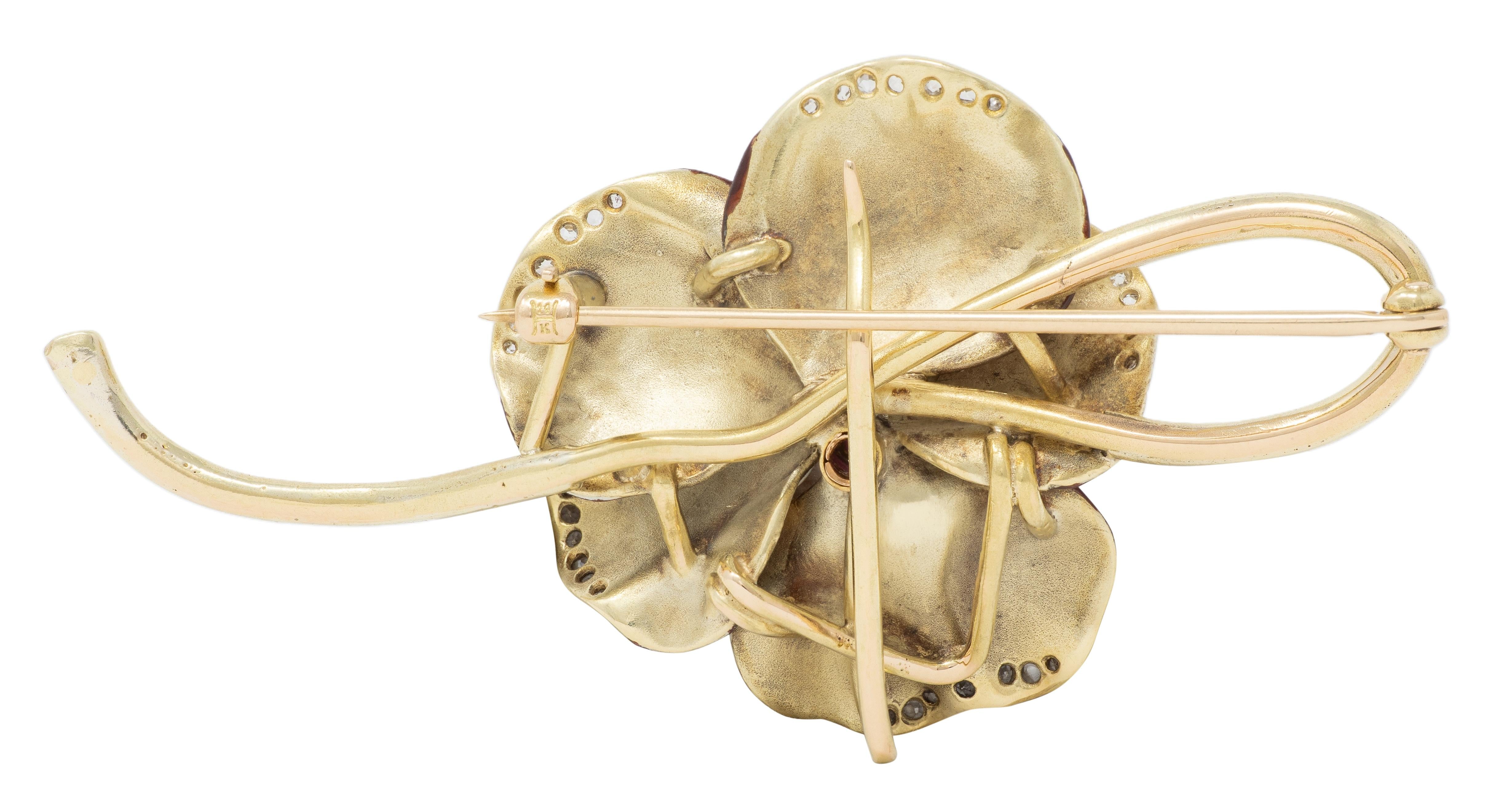 Hedges & Co. Art Nouveau Diamond Ruby Maroon Enamel 14K Antique Pansy Brooch