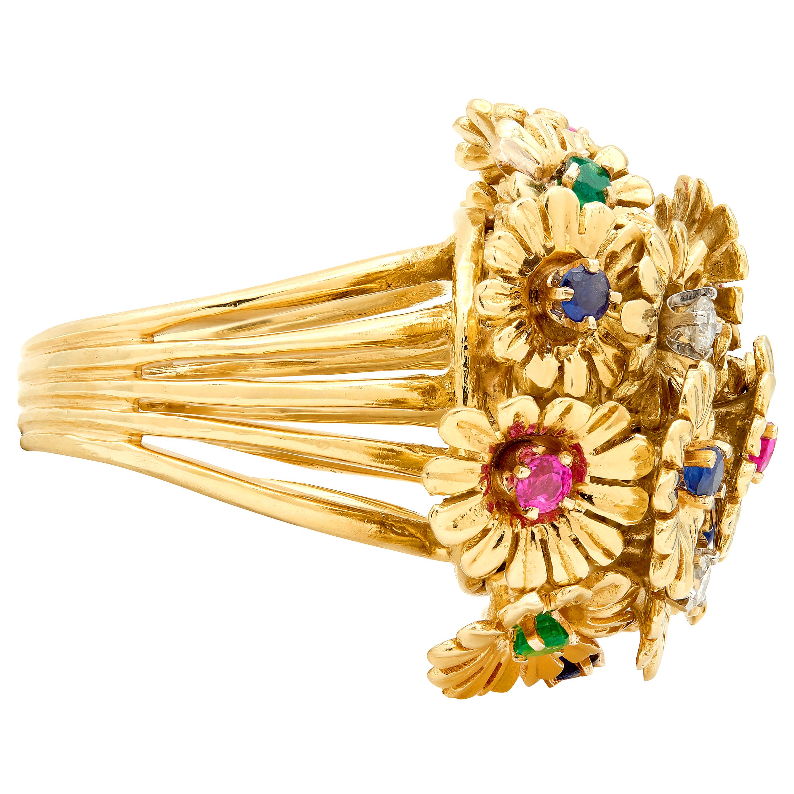 1960's Multi-Gem 18 Karat Yellow Gold Vintage En Tremblant Daisy Flower Ring