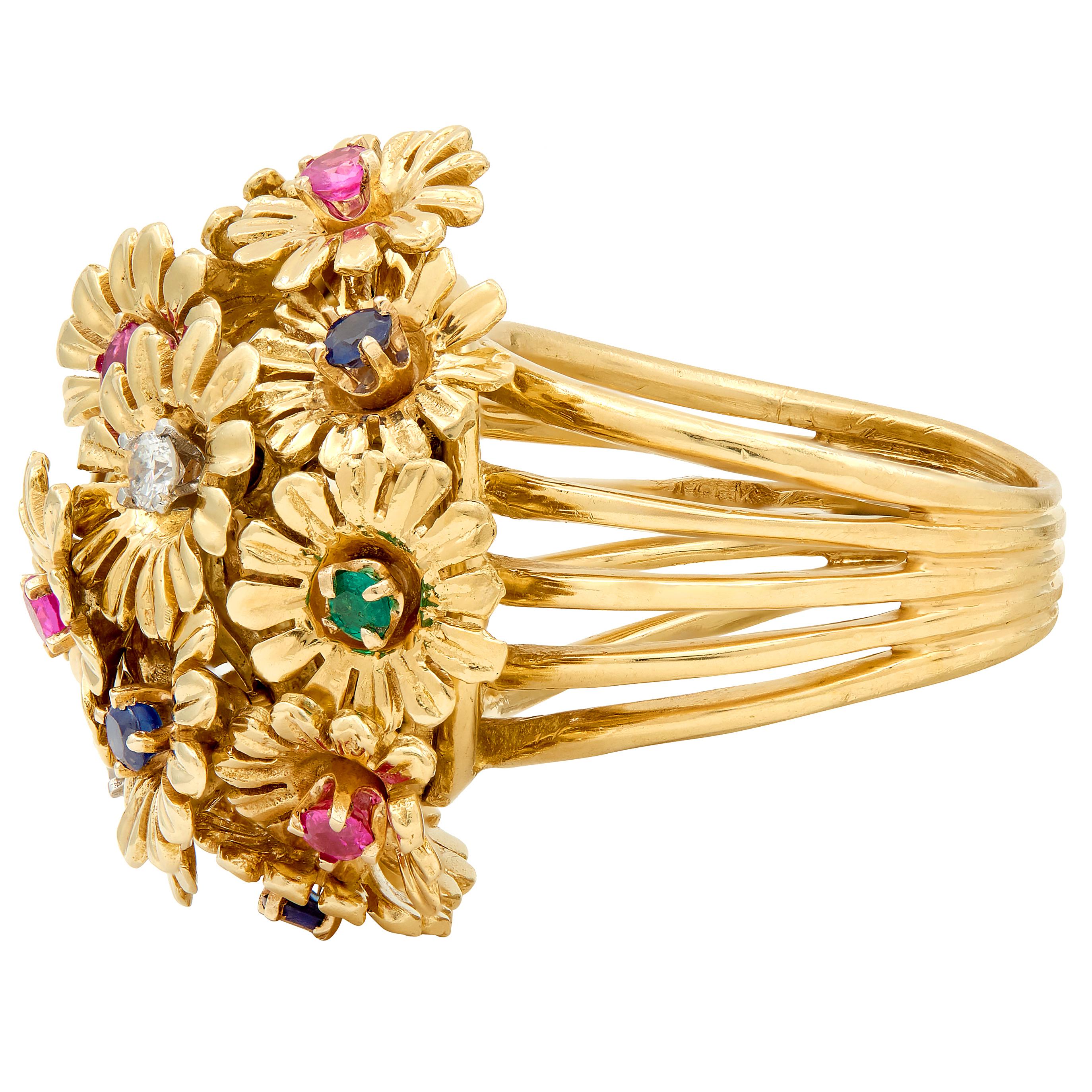 1960's Multi-Gem 18 Karat Yellow Gold Vintage En Tremblant Daisy Flower Ring