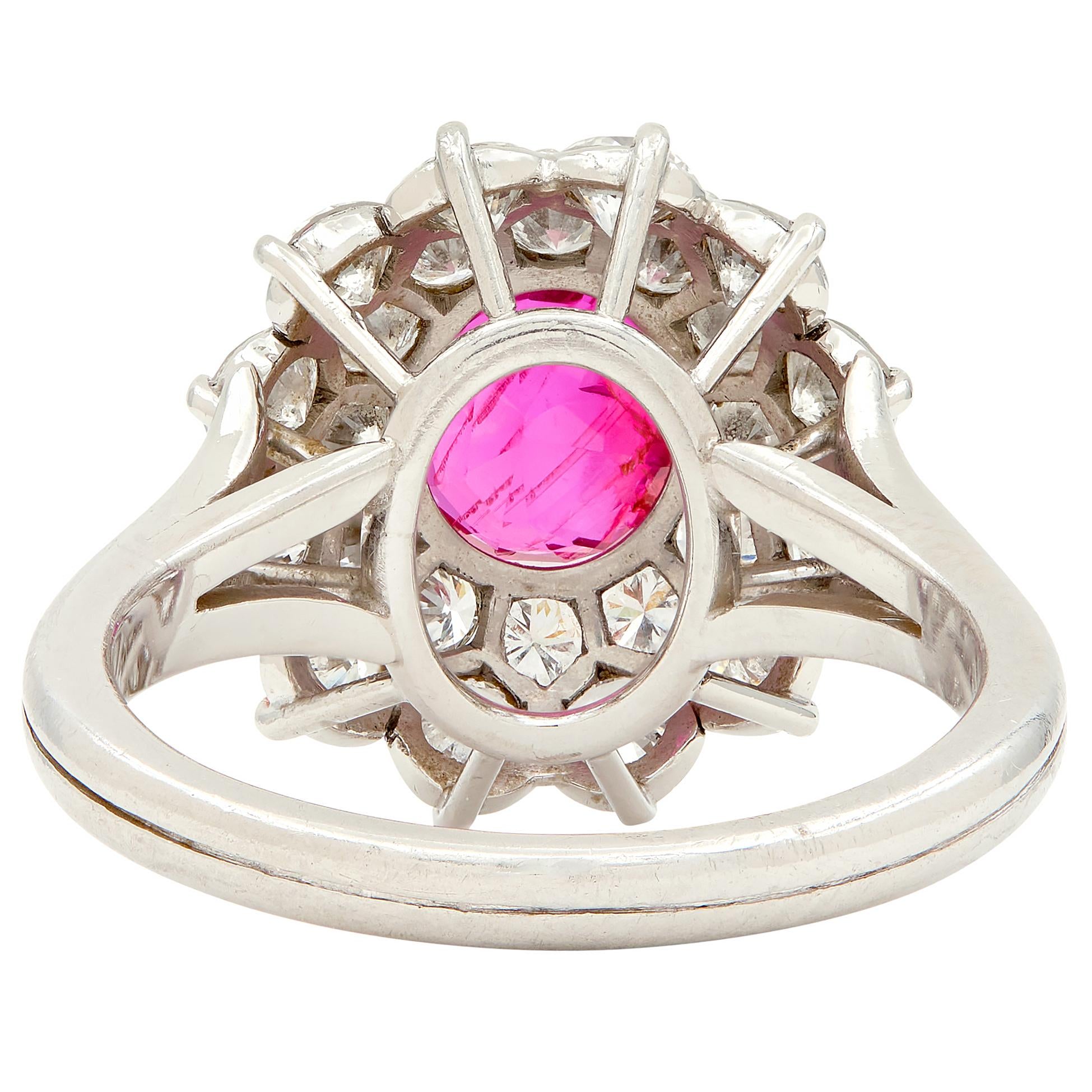 1950's 4.00 CTW No-Heat Burma Ruby Diamond Platinum Vintage Double Halo Ring AGL