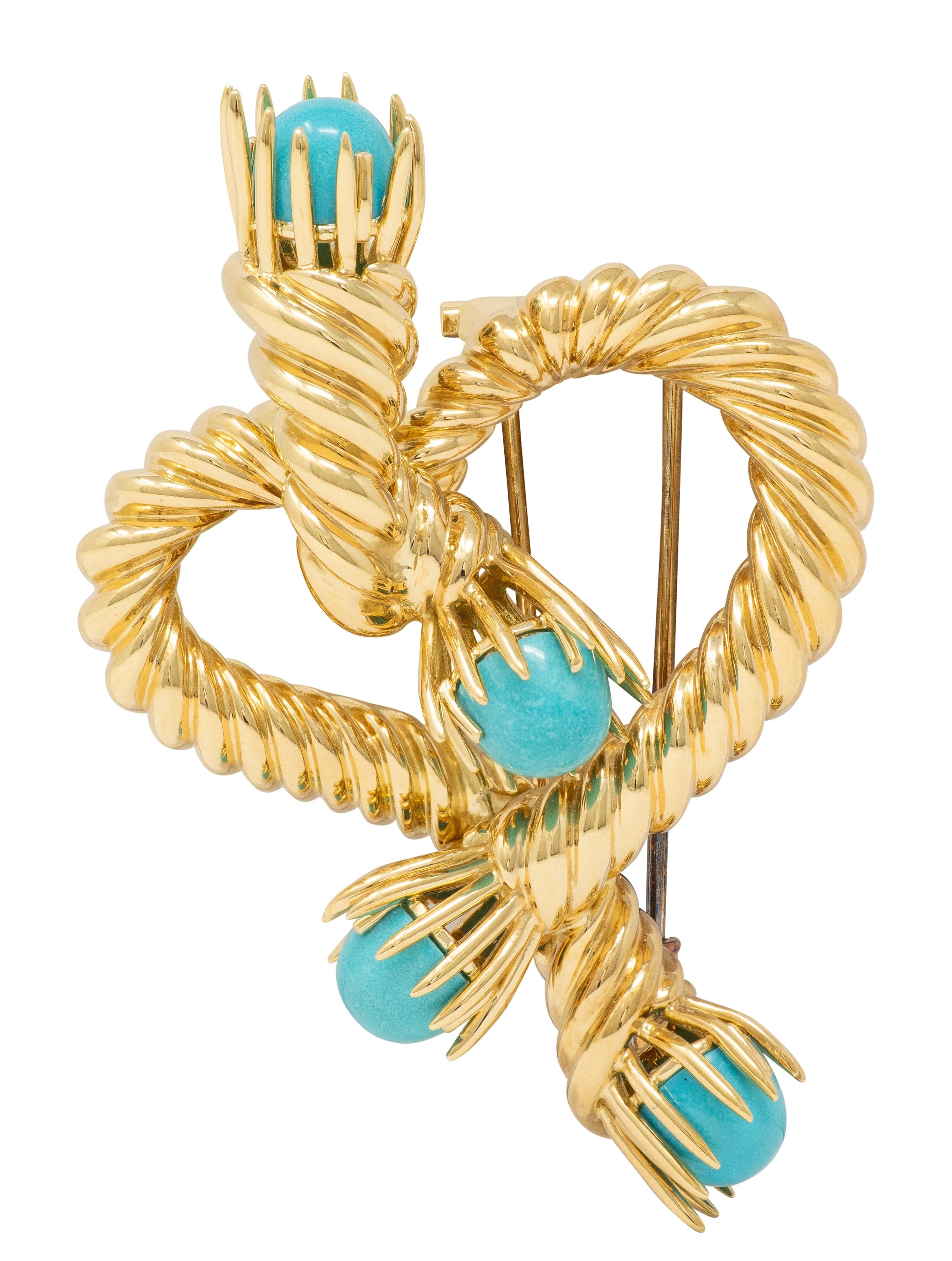 Tiffany & Co. Schlumberger 1960's Turquoise 18K Gold Vintage Rope Heart Brooch