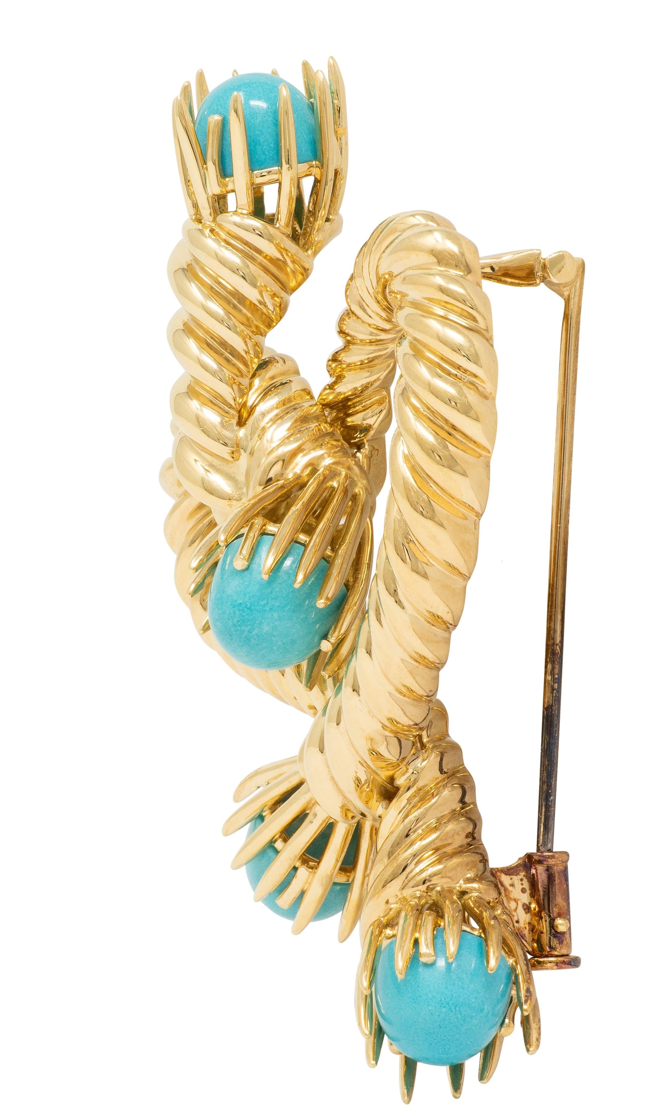 Tiffany & Co. Schlumberger 1960's Turquoise 18K Gold Vintage Rope Heart Brooch