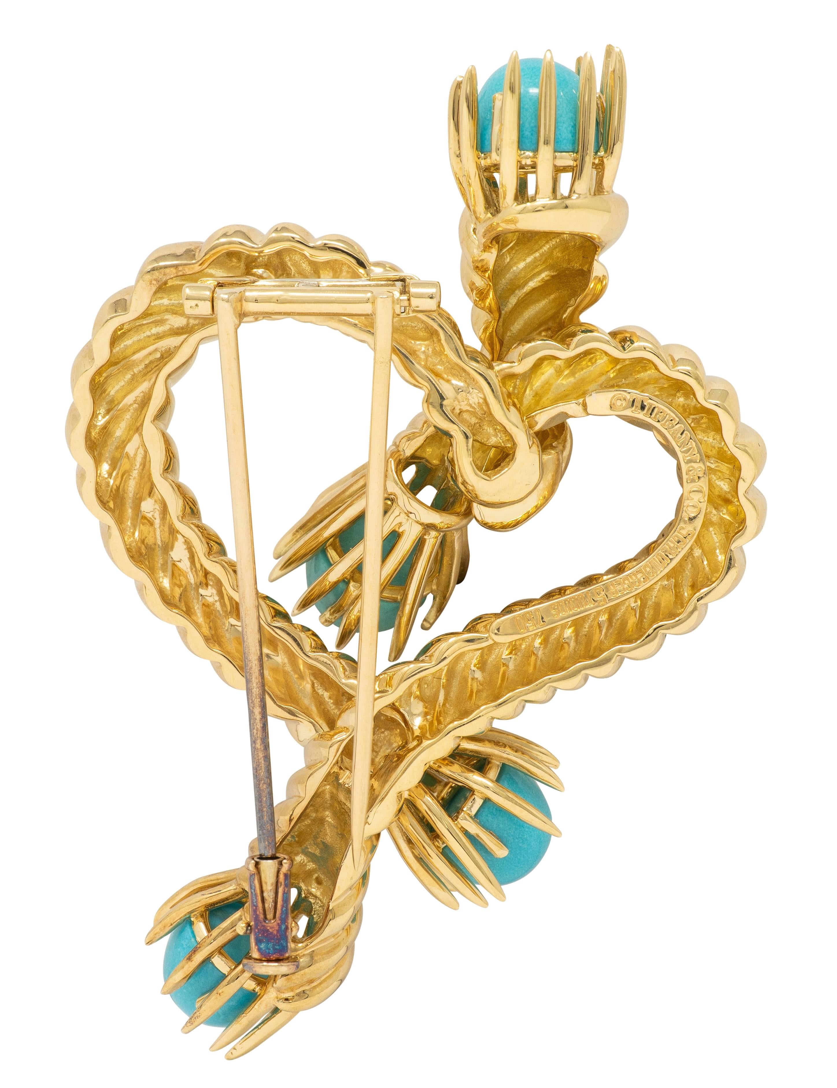 Tiffany & Co. Schlumberger 1960's Turquoise 18K Gold Vintage Rope Heart Brooch