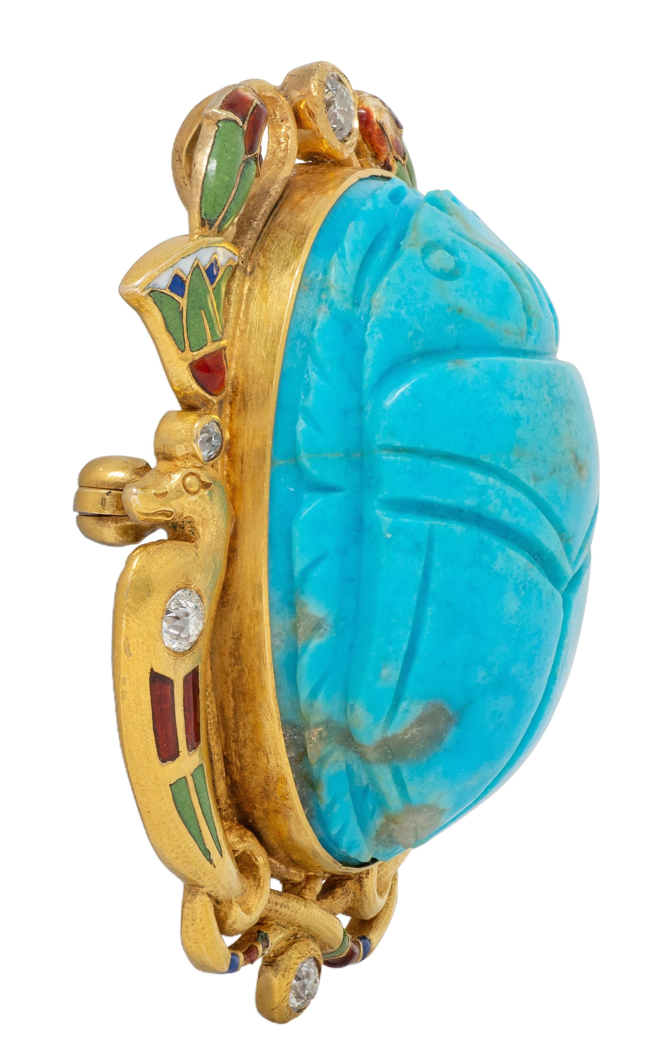 Art Deco Turquoise Diamond Enamel 14K Gold Antique Egyptian Scarab Brooch