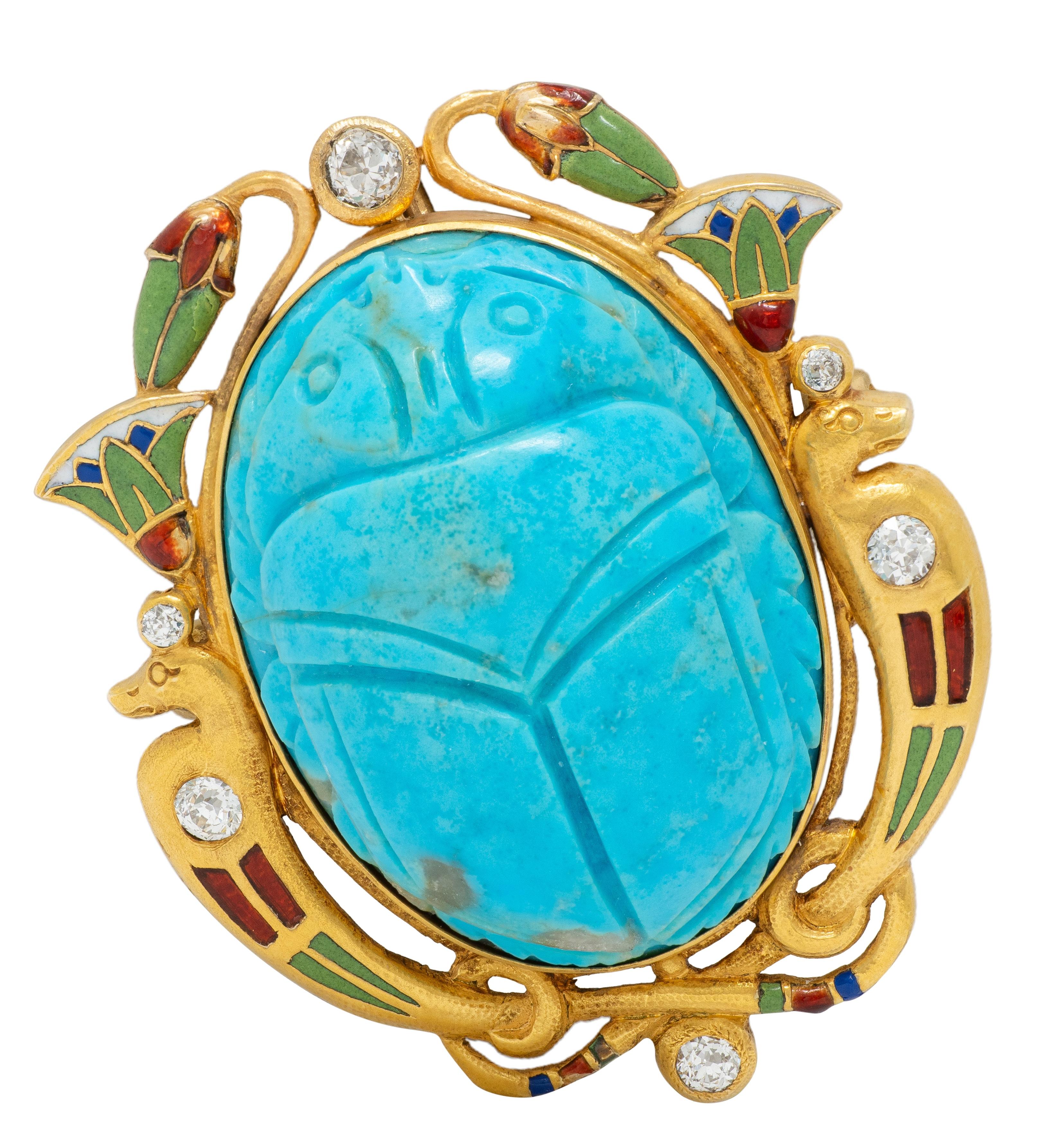 Art Deco Turquoise Diamond Enamel 14K Gold Antique Egyptian Scarab Brooch