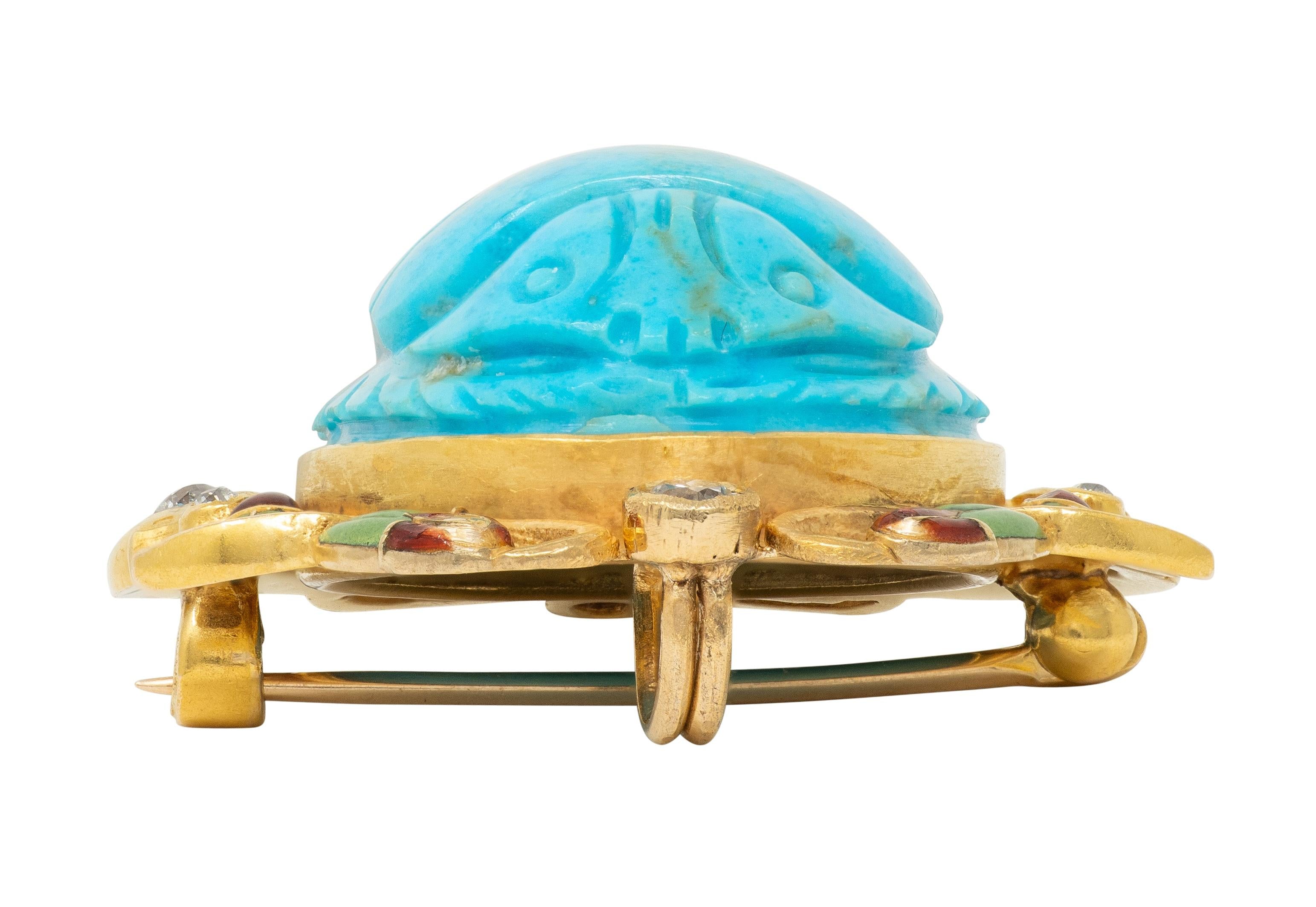 Art Deco Turquoise Diamond Enamel 14K Gold Antique Egyptian Scarab Brooch