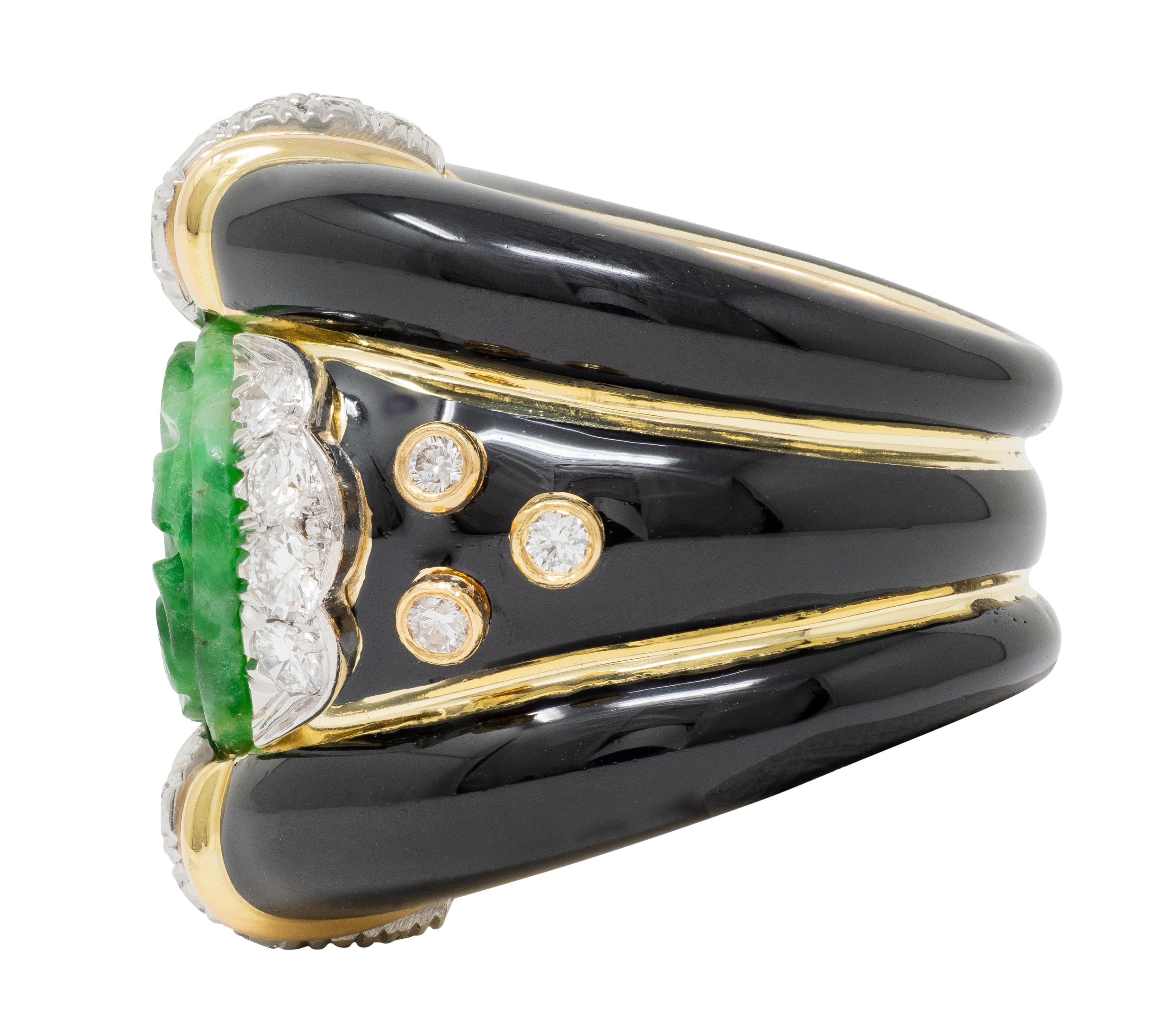 David Webb 1980's Jade Diamond Enamel Platinum 18K Gold Floral Vintage Band Ring