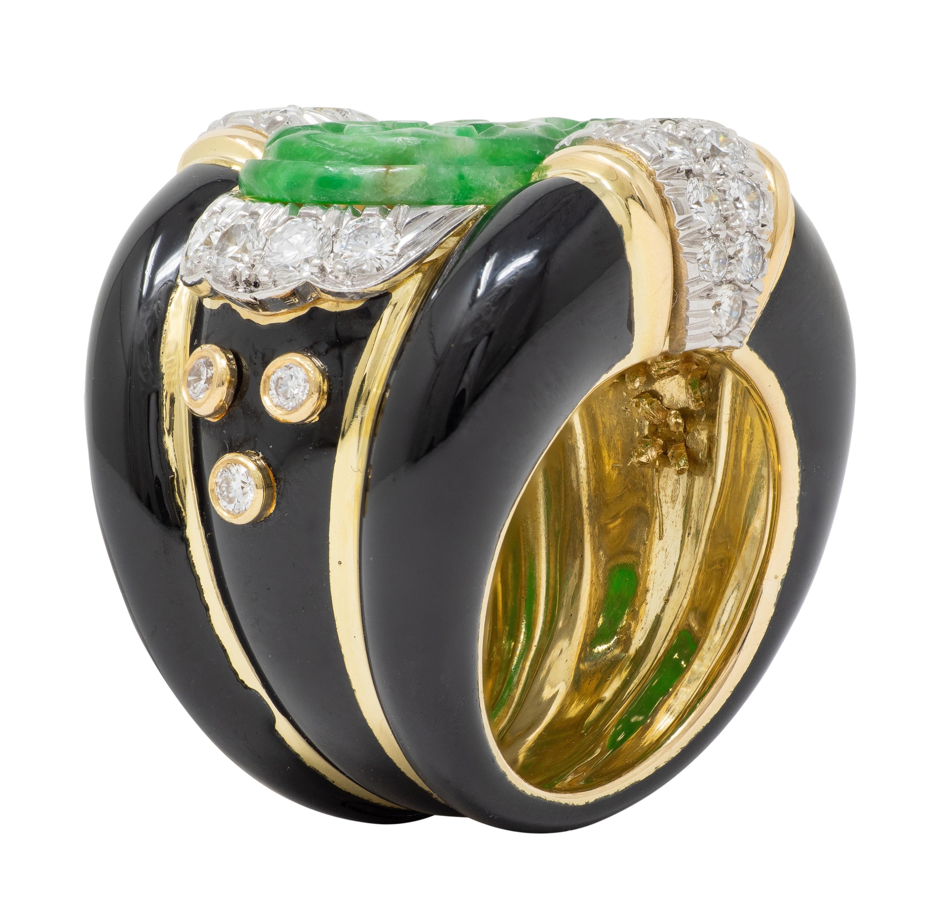David Webb 1980's Jade Diamond Enamel Platinum 18K Gold Floral Vintage Band Ring