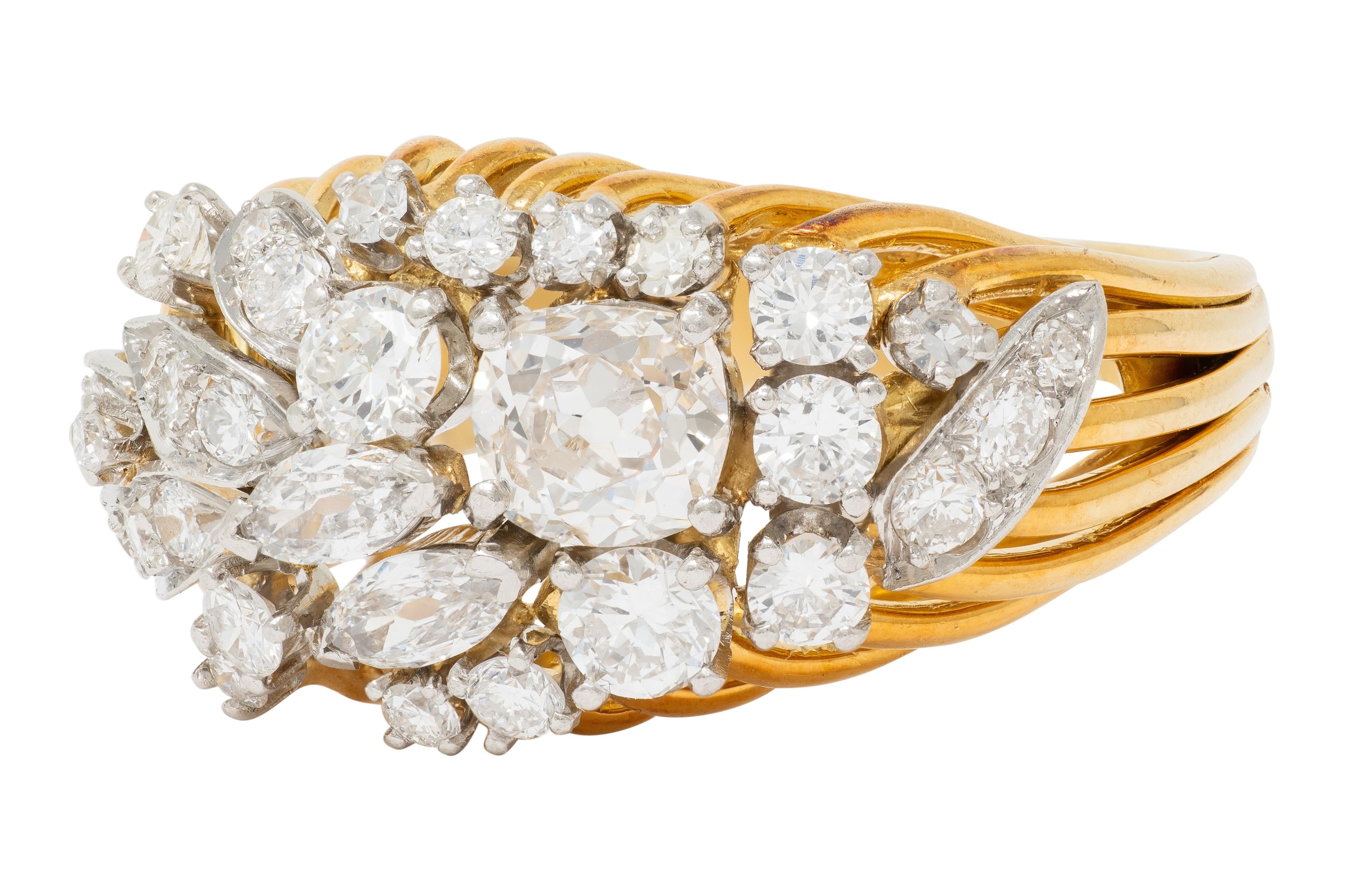 Mid-Century 2.34 CTW Diamond Platinum 18K Gold Vintage Wire Spray Cluster Ring