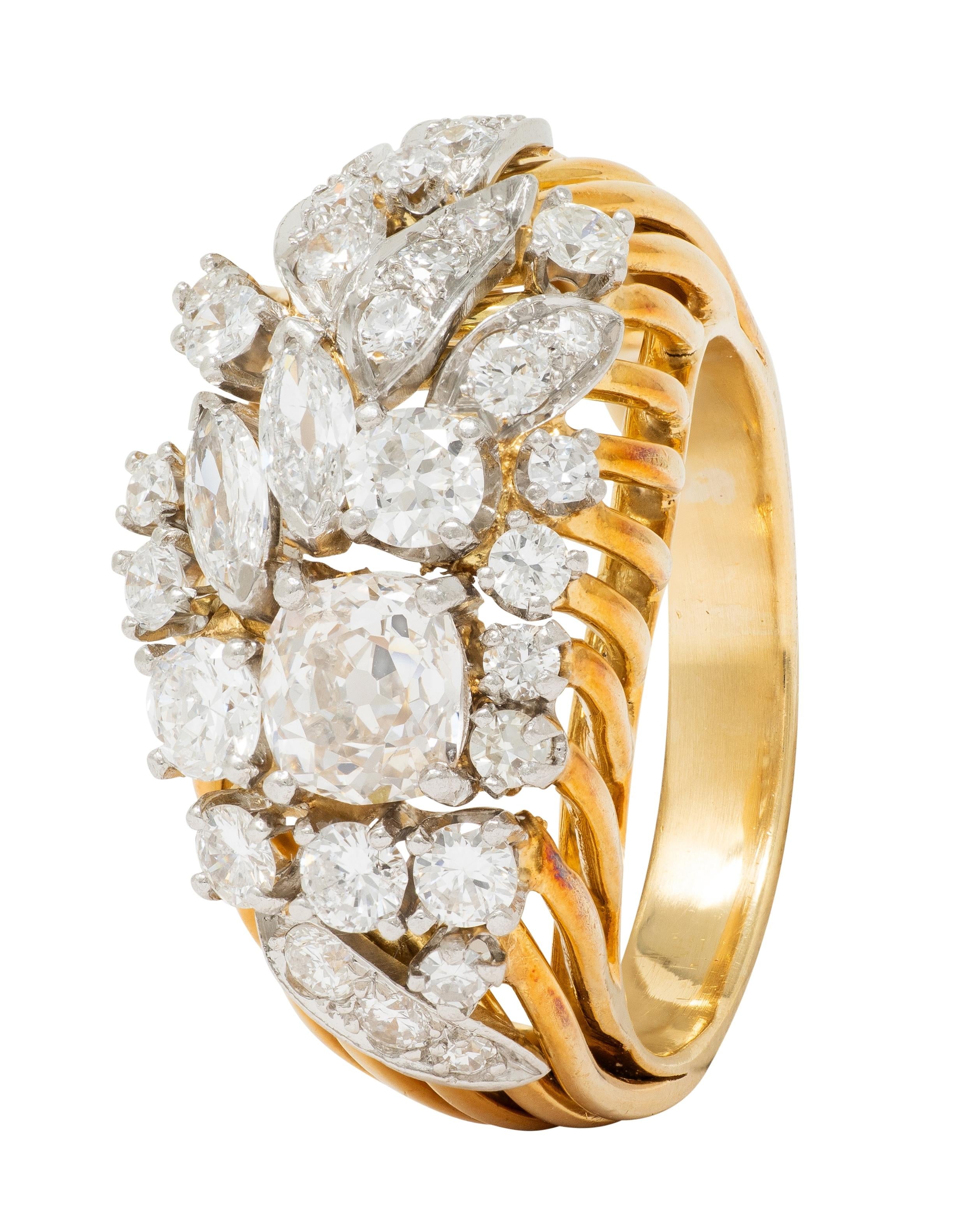 Mid-Century 2.34 CTW Diamond Platinum 18K Gold Vintage Wire Spray Cluster Ring