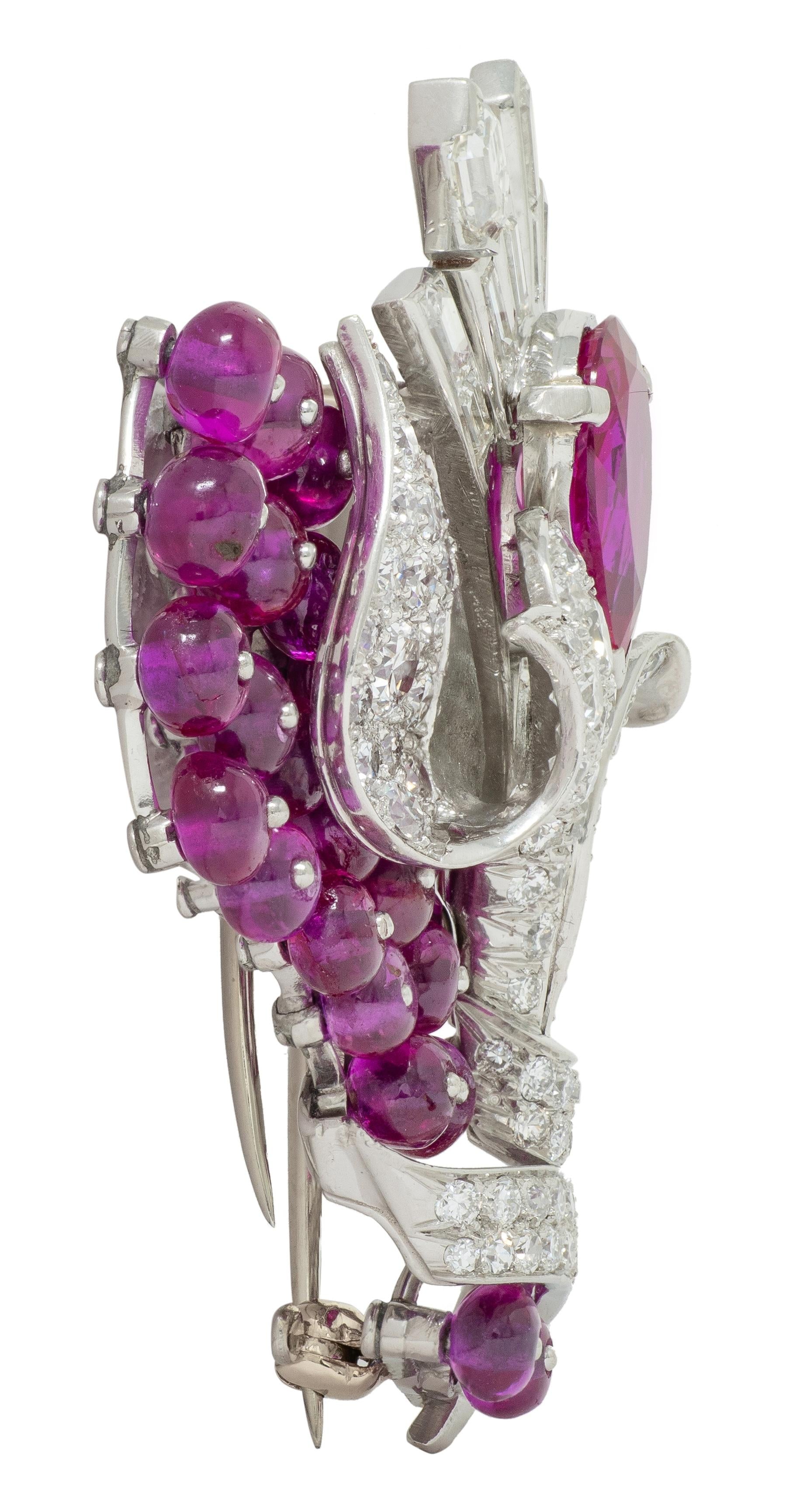 Mauboussin No Heat Burma Ruby Diamond Platinum Vintage Floral Burst Brooch