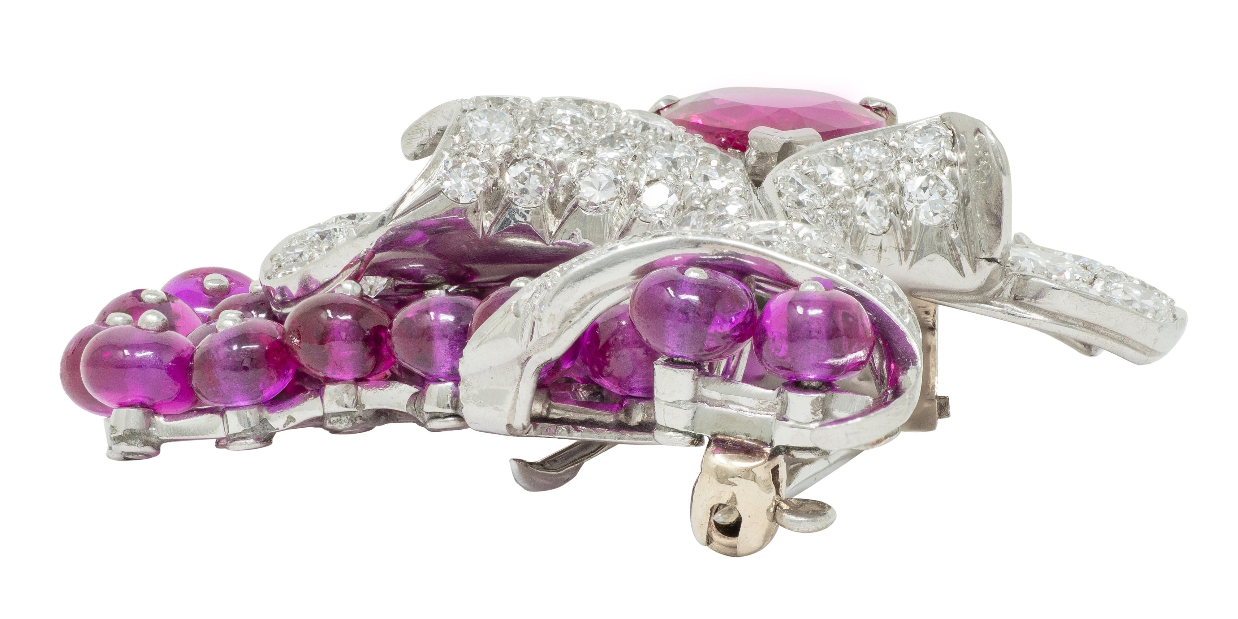 Mauboussin No Heat Burma Ruby Diamond Platinum Vintage Floral Burst Brooch