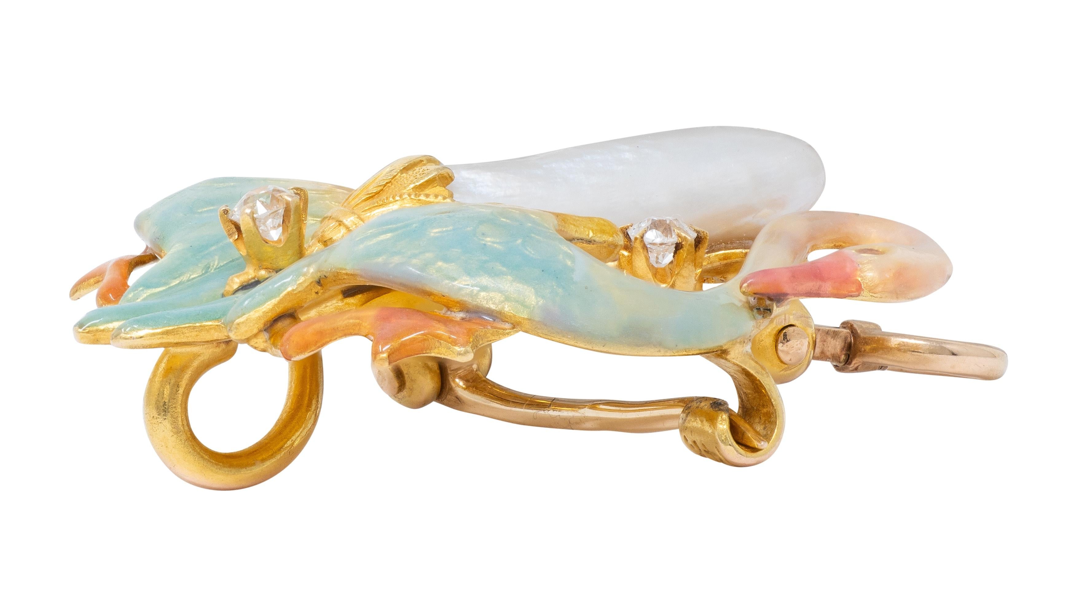 Krementz Art Nouveau Multi-Gem Enamel 14K Gold Antique Swan Pendant Brooch