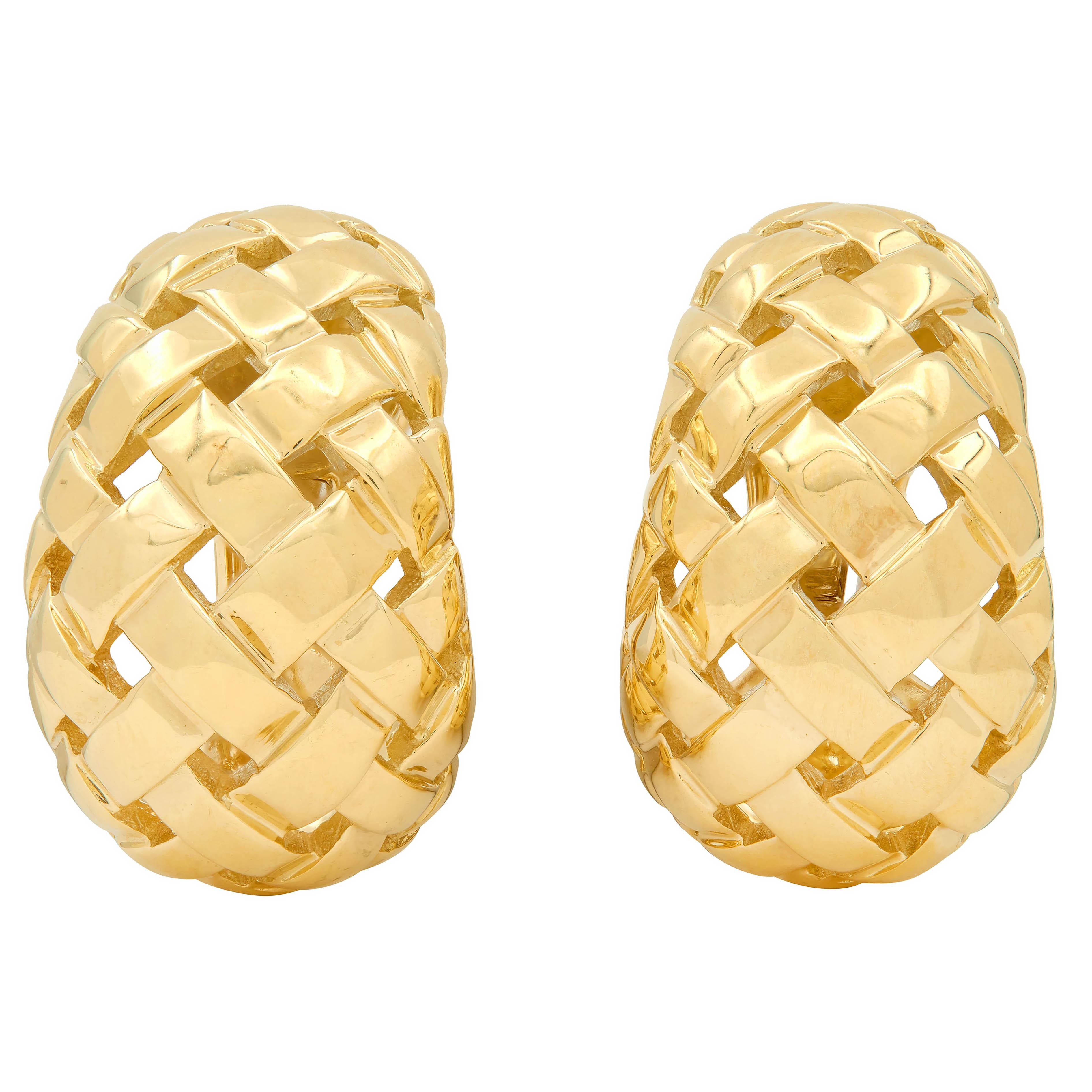 Tiffany & Co. 1989 18K Gold Vintage Vannerie Basket Weave J-Hoop Earrings