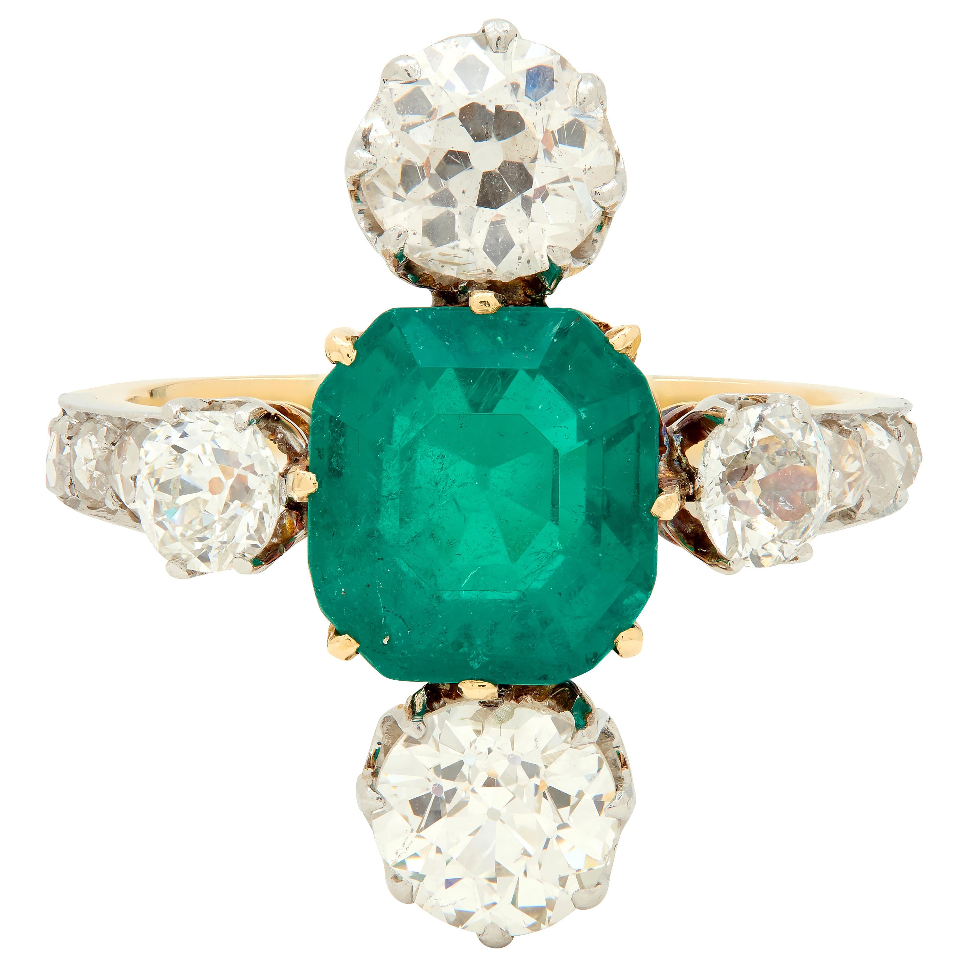 Edwardian 4.25 CTW Colombian Emerald Diamond Platinum 18K Gold Antique Ring AGL
