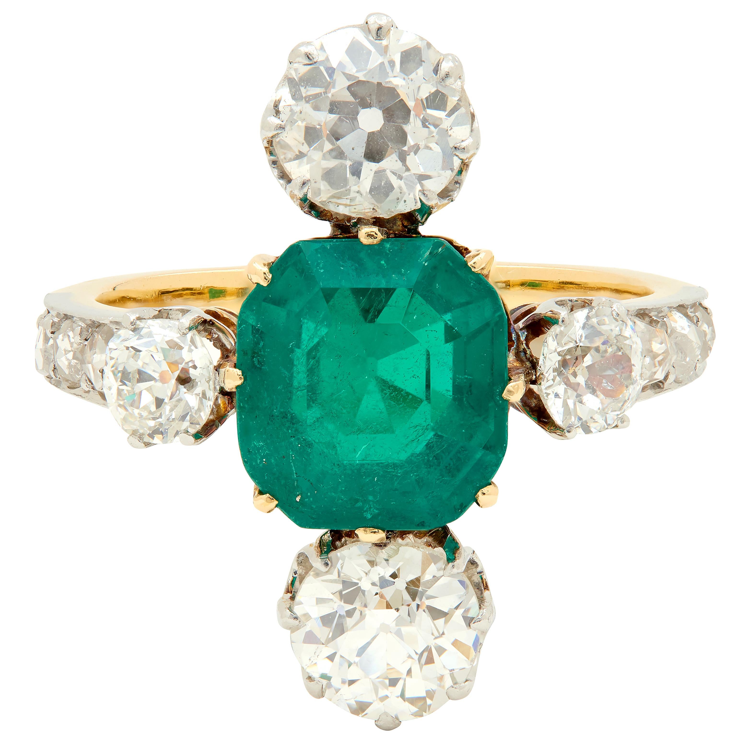 Edwardian 4.25 CTW Colombian Emerald Diamond Platinum 18K Gold Antique Ring AGL
