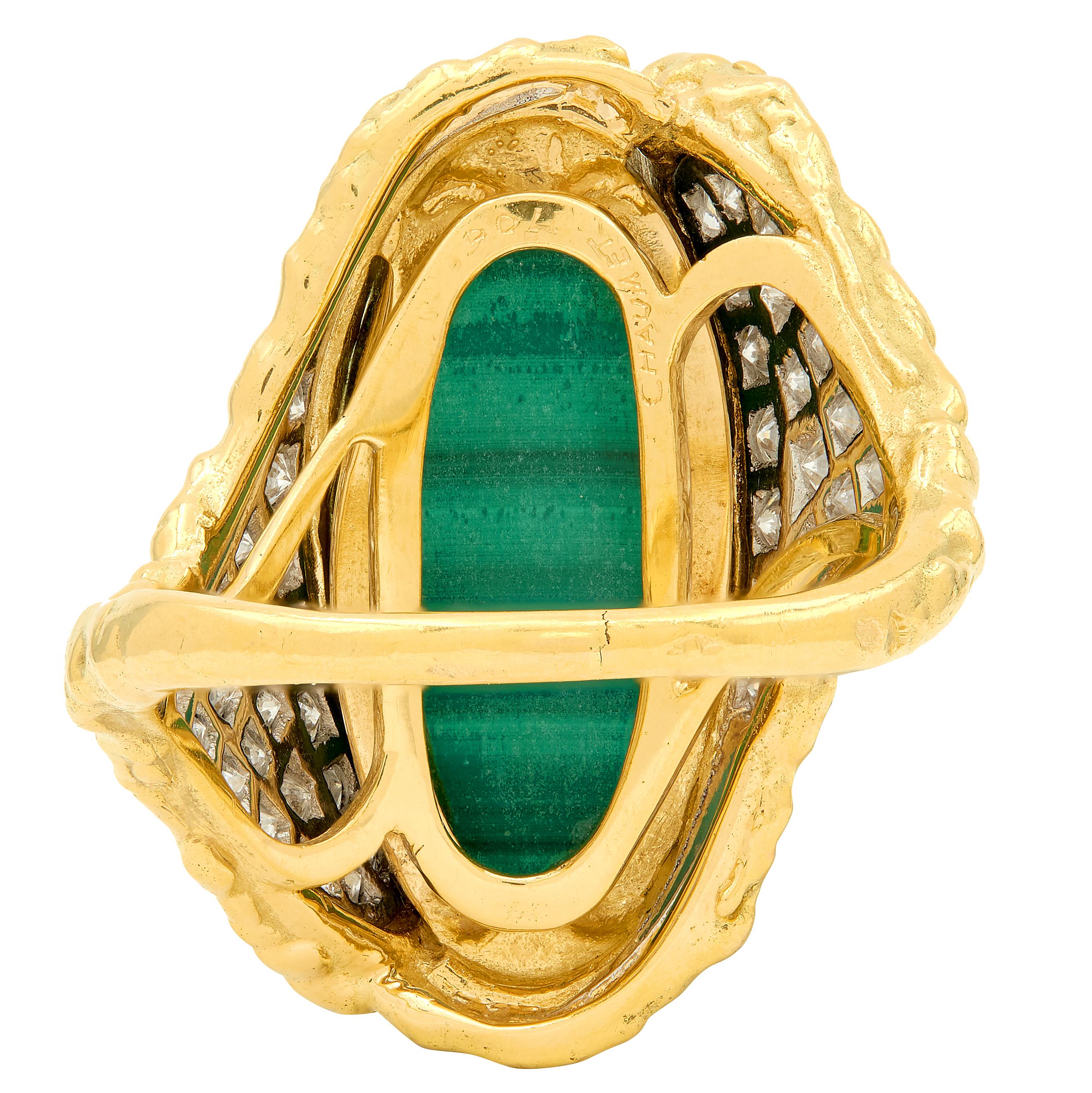 Chaumet French 1960's Malachite Diamond Platinum 18K Gold Vintage Brutalist Ring
