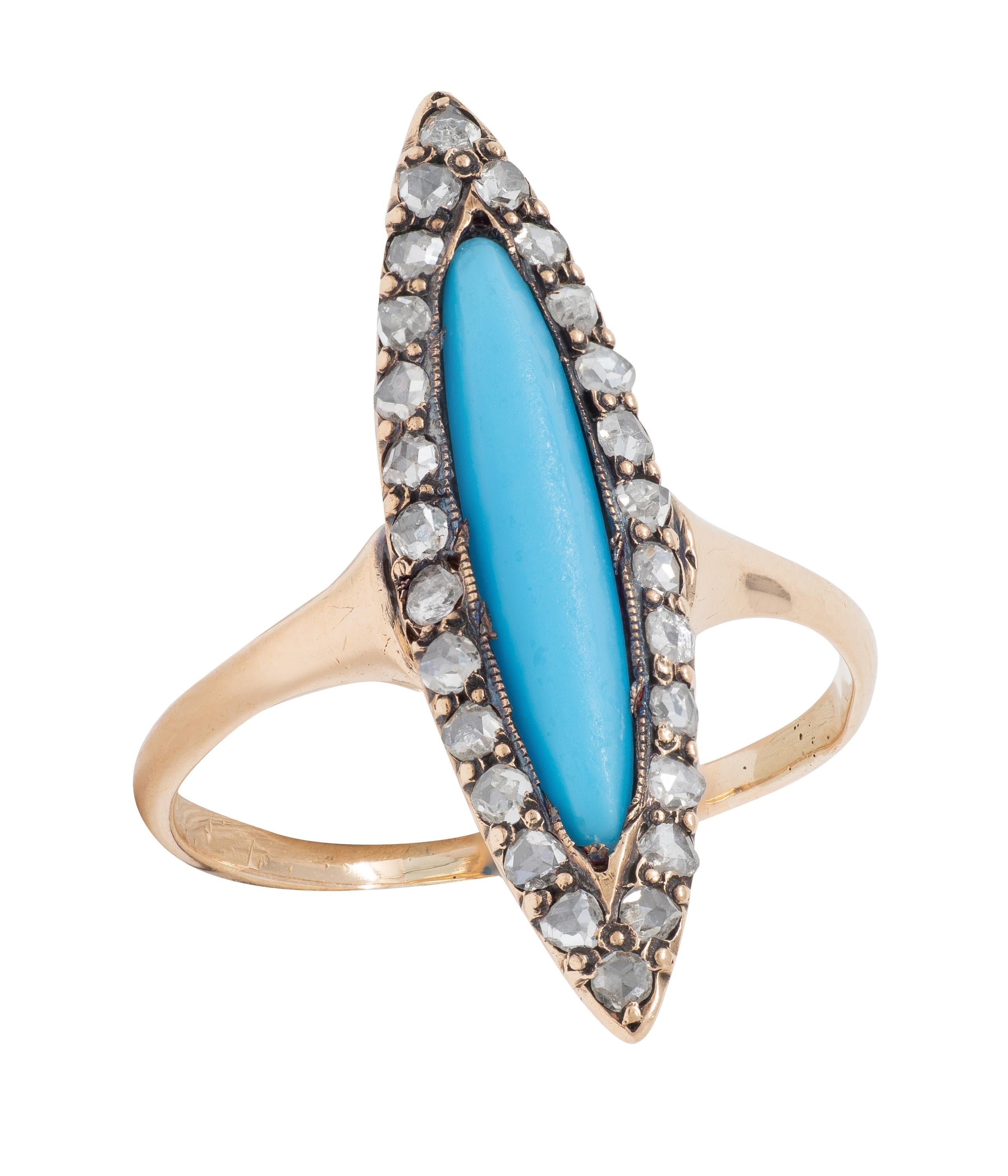 Victorian Turquoise Diamond 14 Karat Rose Gold Antique Navette Halo Ring