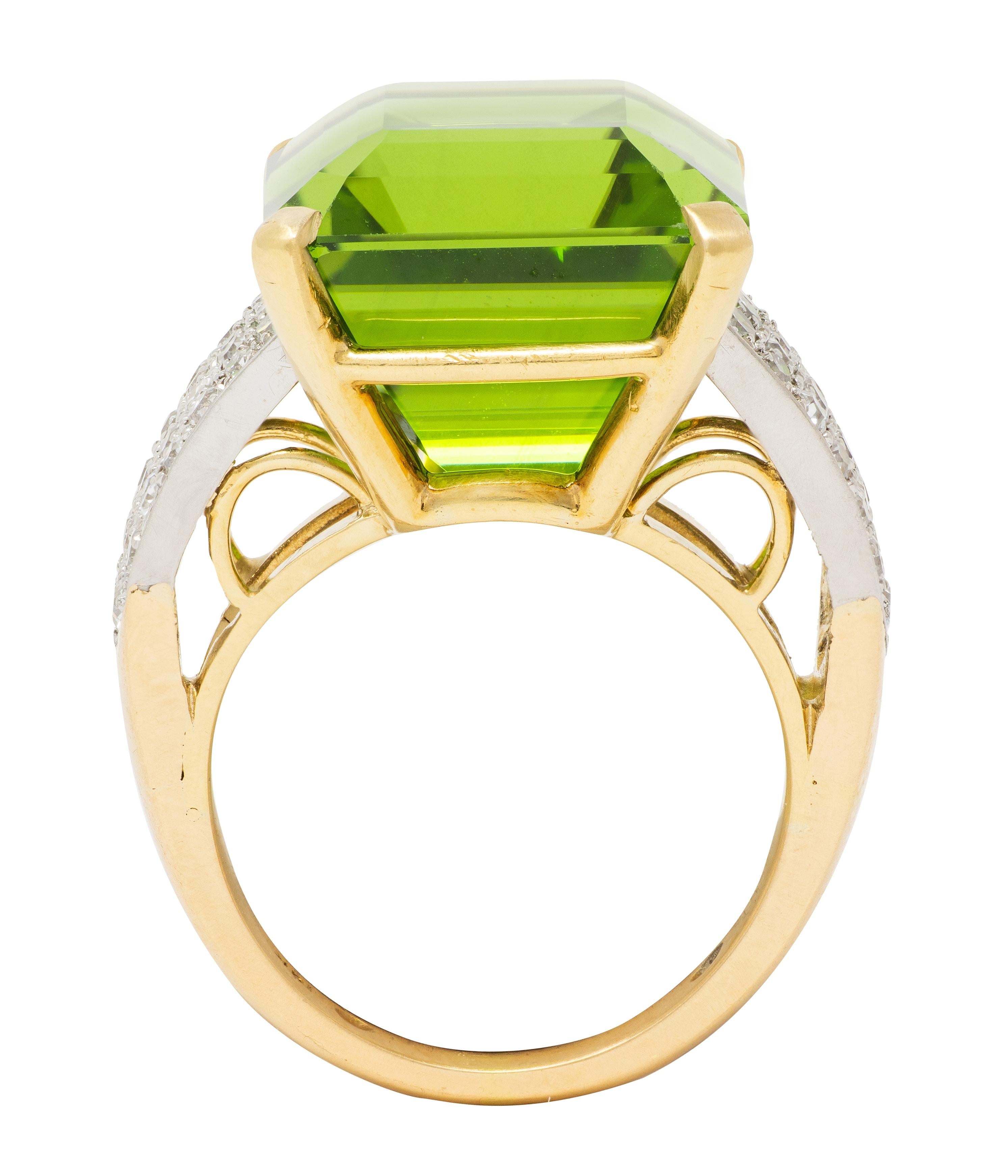 Retro 28.96 CTW Peridot Diamond Platinum 18K Yellow Gold Vintage Cocktail Ring