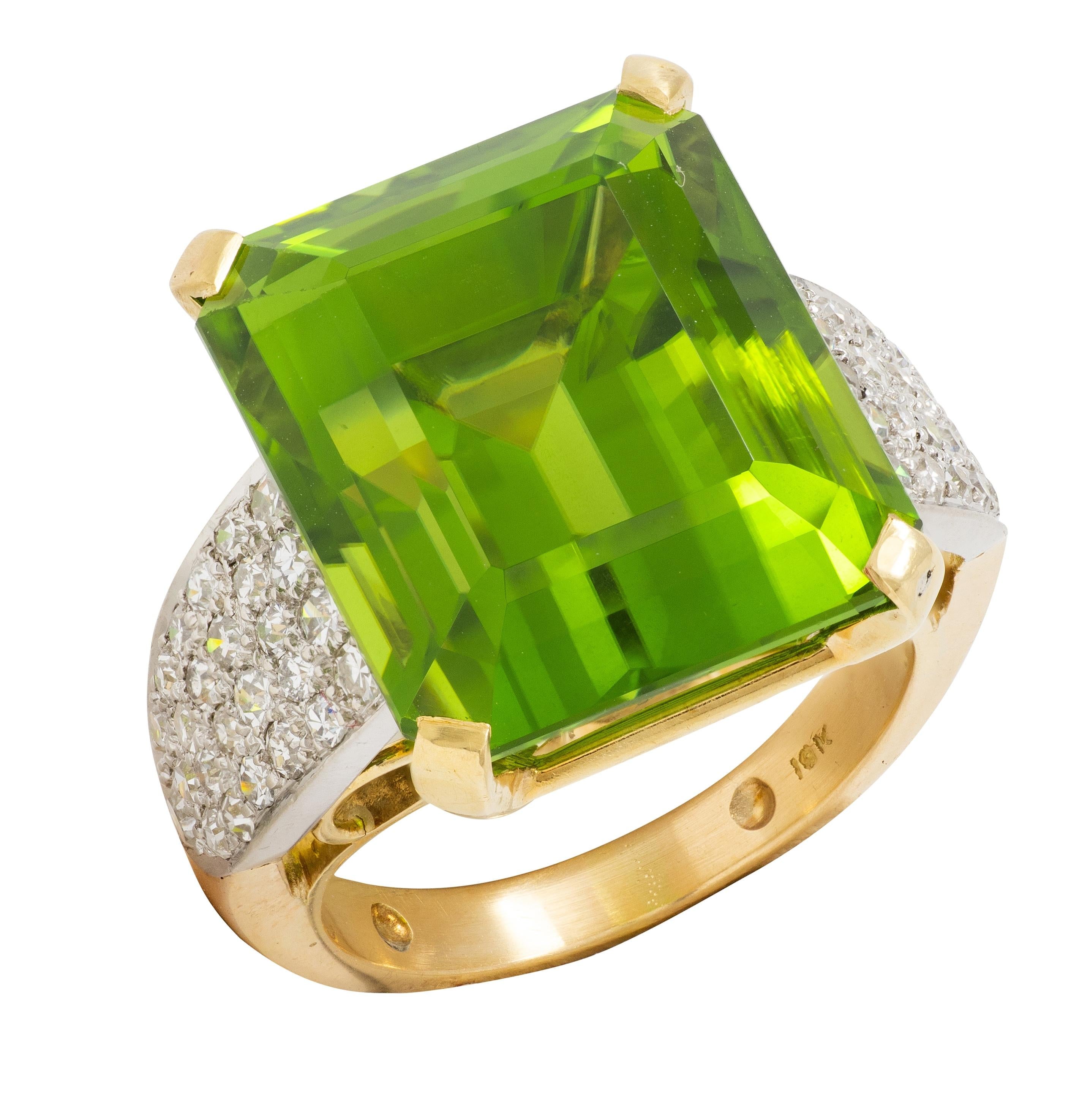 Retro 28.96 CTW Peridot Diamond Platinum 18K Yellow Gold Vintage Cocktail Ring