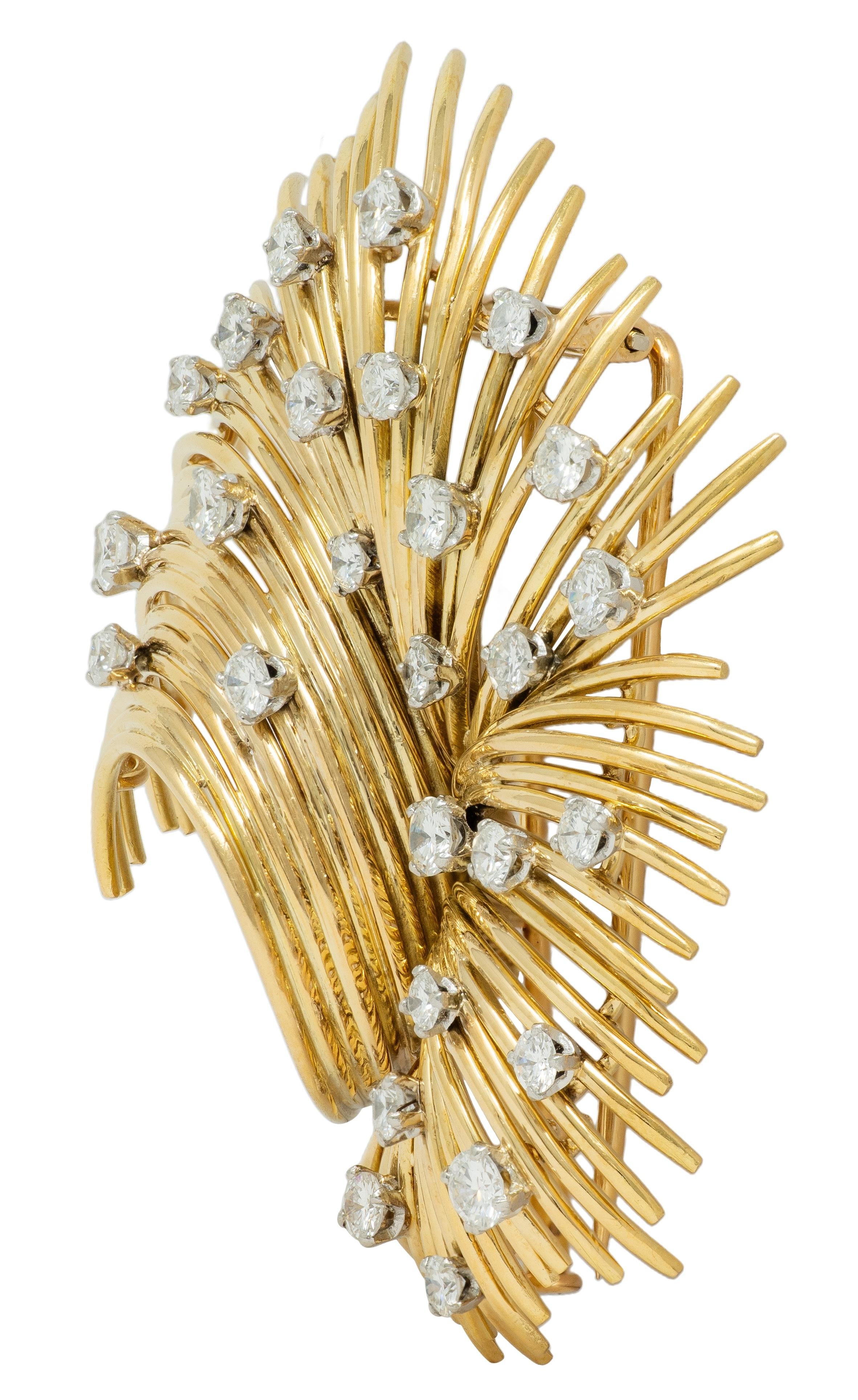 Bvlgari French 1950's Diamond Platinum 18K Gold Vintage Spray Brooch