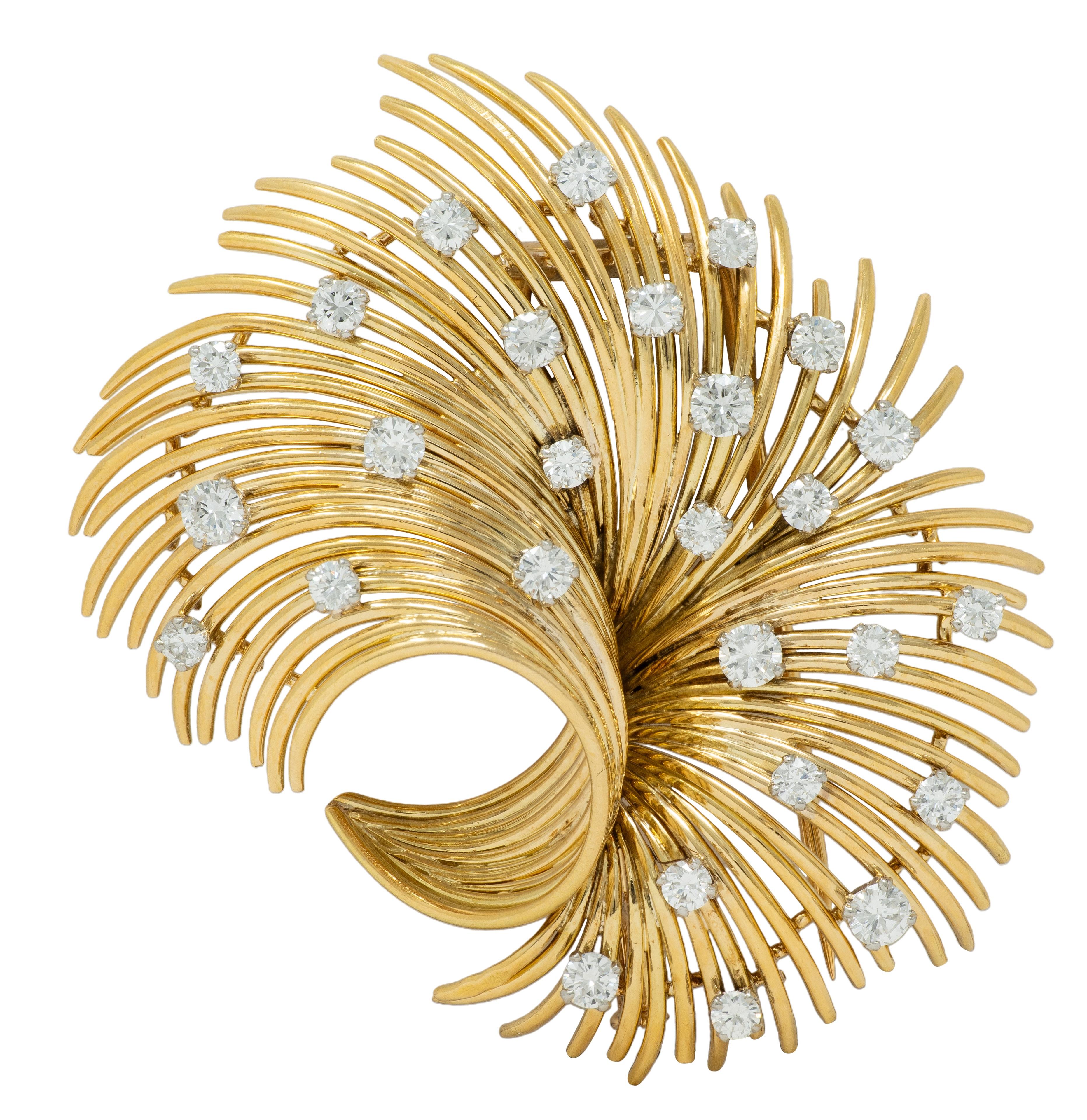 Bvlgari French 1950's Diamond Platinum 18K Gold Vintage Spray Brooch