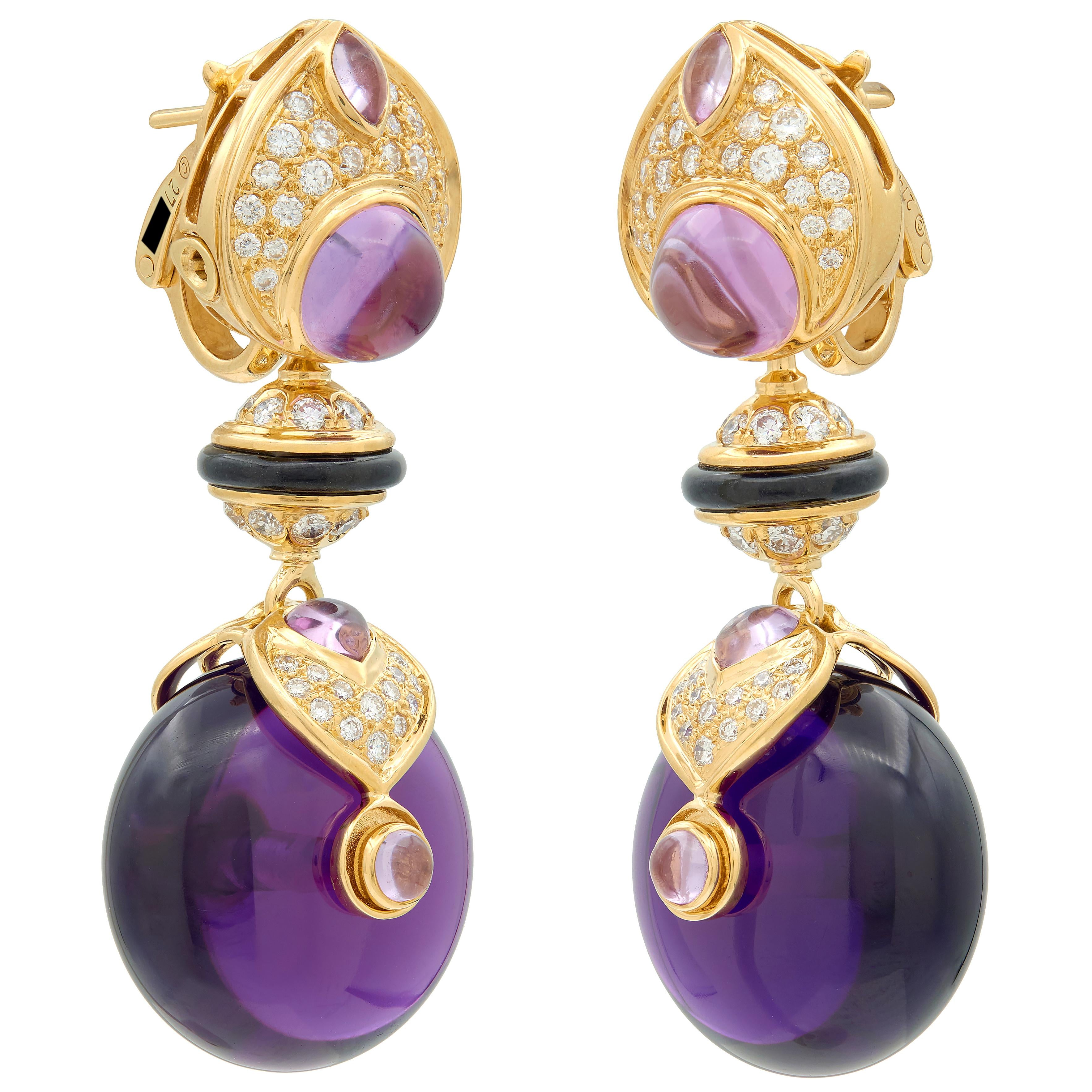 Marina B. 1980's Diamond Amethyst Onyx 18 Karat Gold Vintage Pneu Drop Earrings