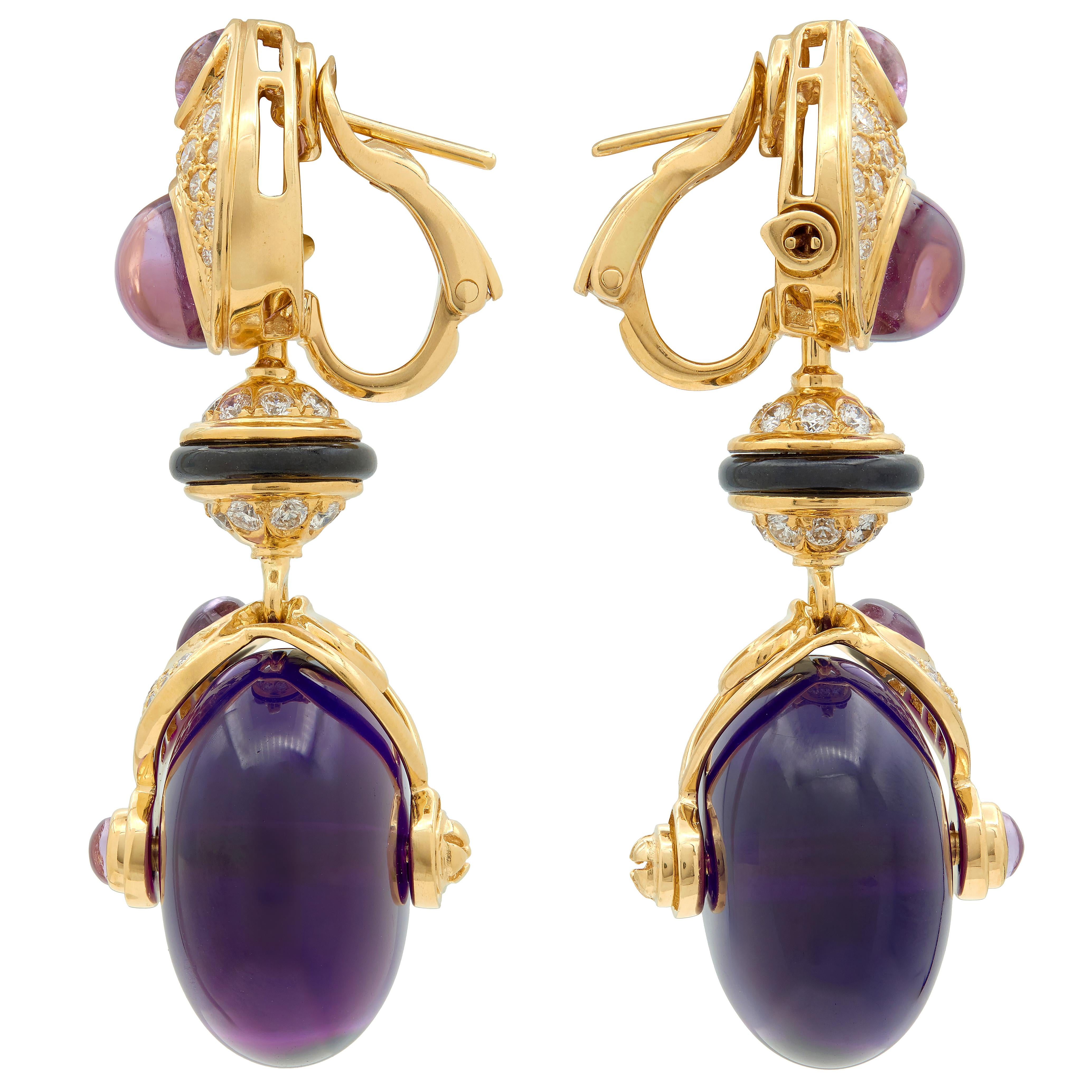 Marina B. 1980's Diamond Amethyst Onyx 18 Karat Gold Vintage Pneu Drop Earrings