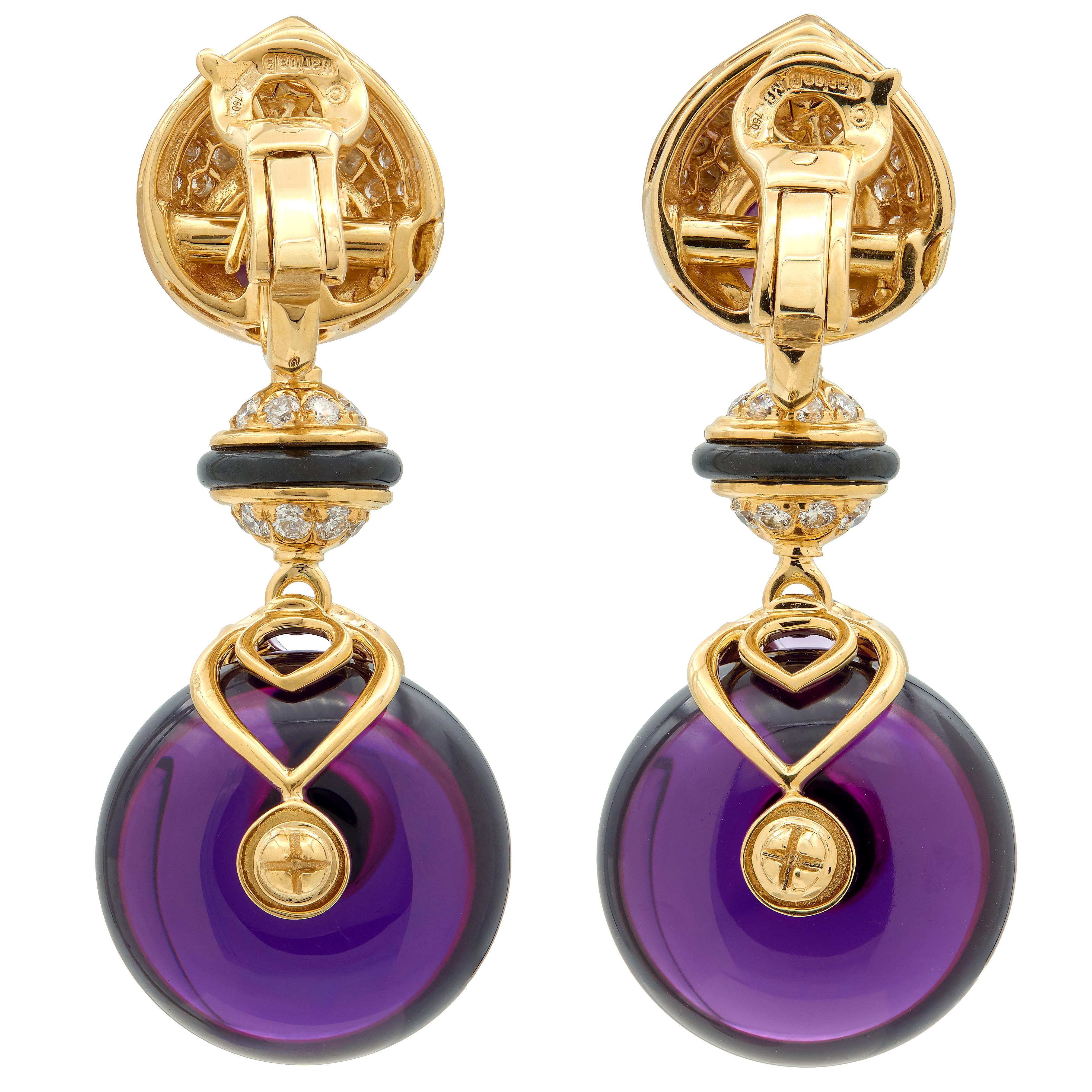 Marina B. 1980's Diamond Amethyst Onyx 18 Karat Gold Vintage Pneu Drop Earrings
