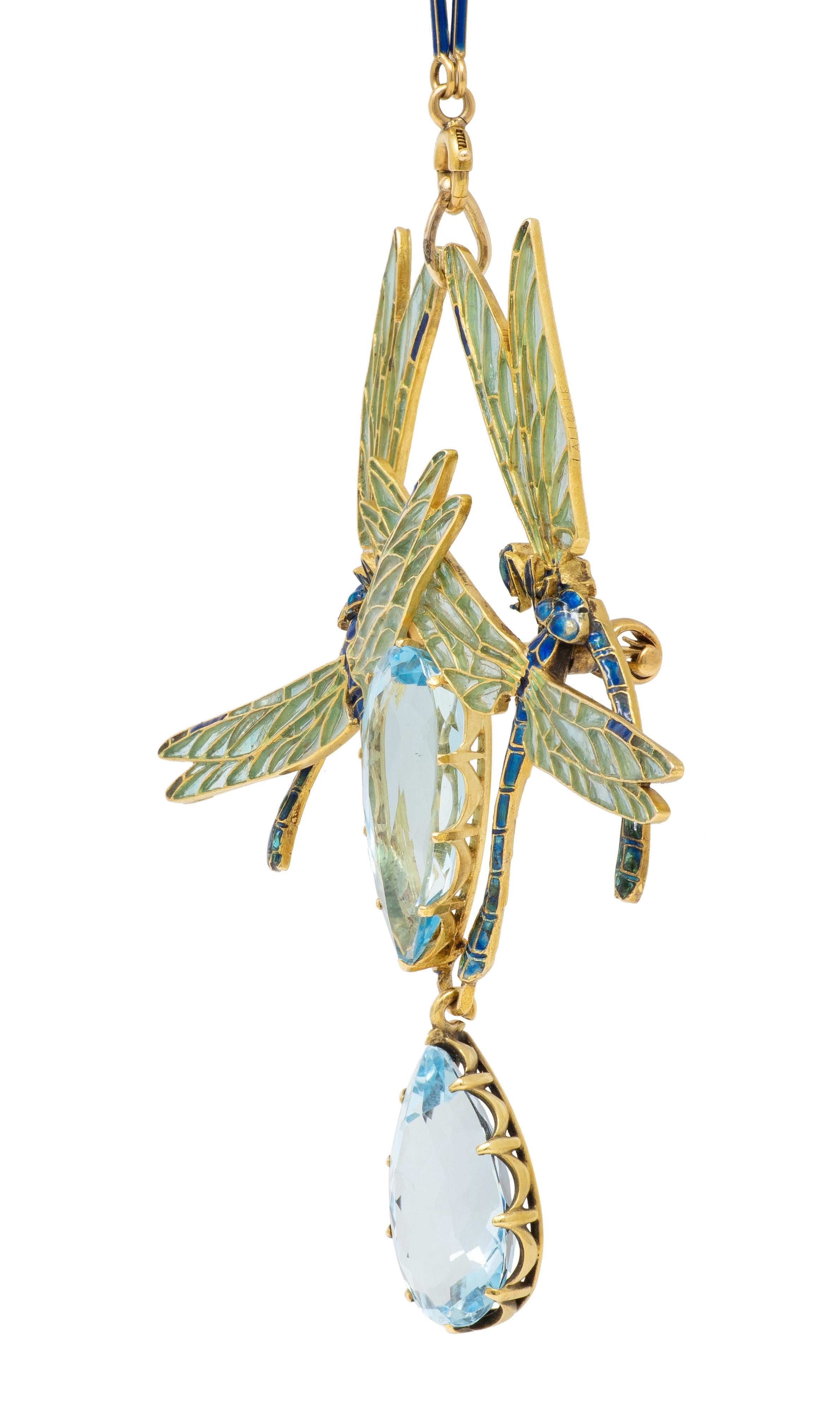 Rene Lalique 1903 Aquamarine Enamel 18K Gold Antique Four Dragonflies Necklace