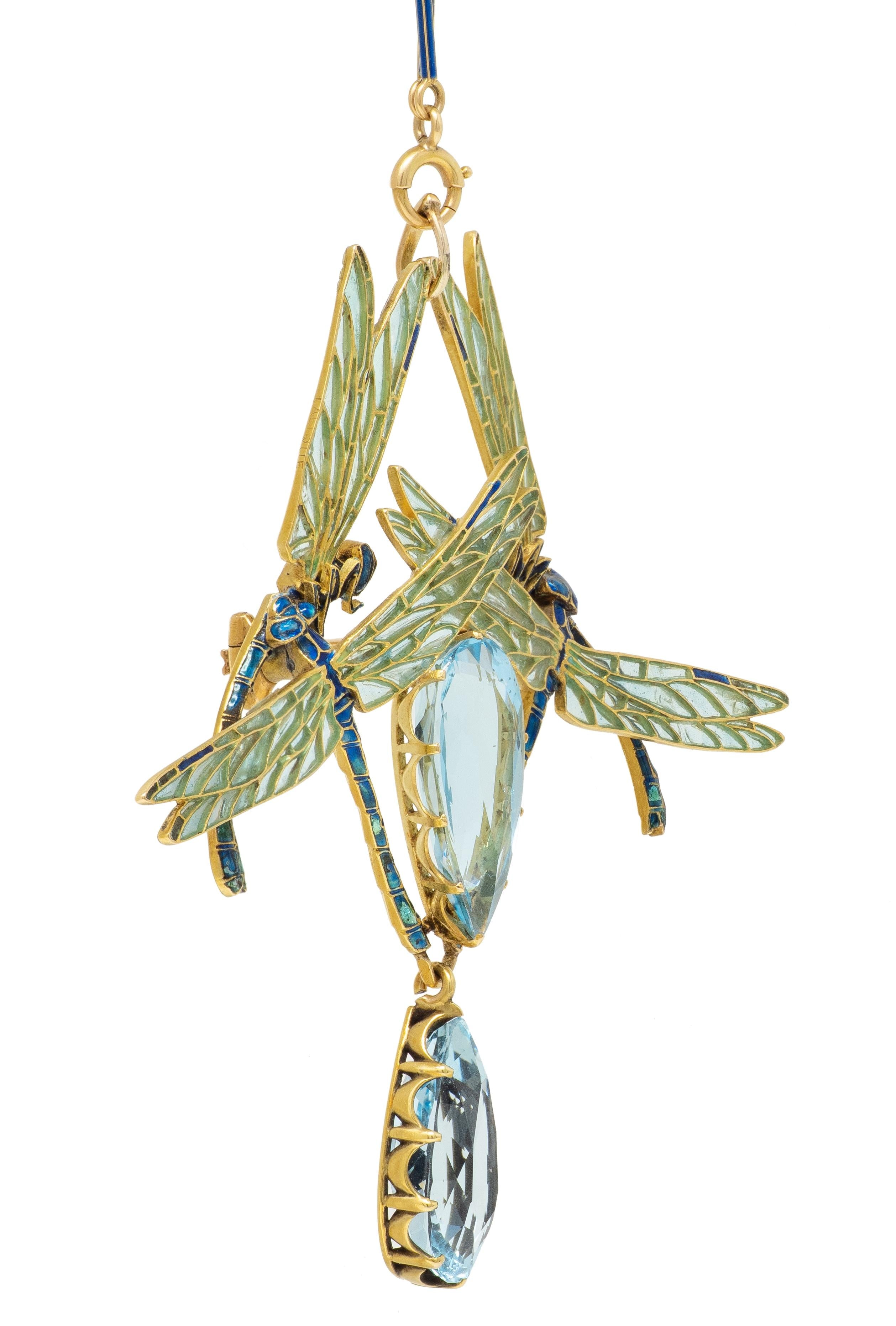 Rene Lalique 1903 Aquamarine Enamel 18K Gold Antique Four Dragonflies Necklace