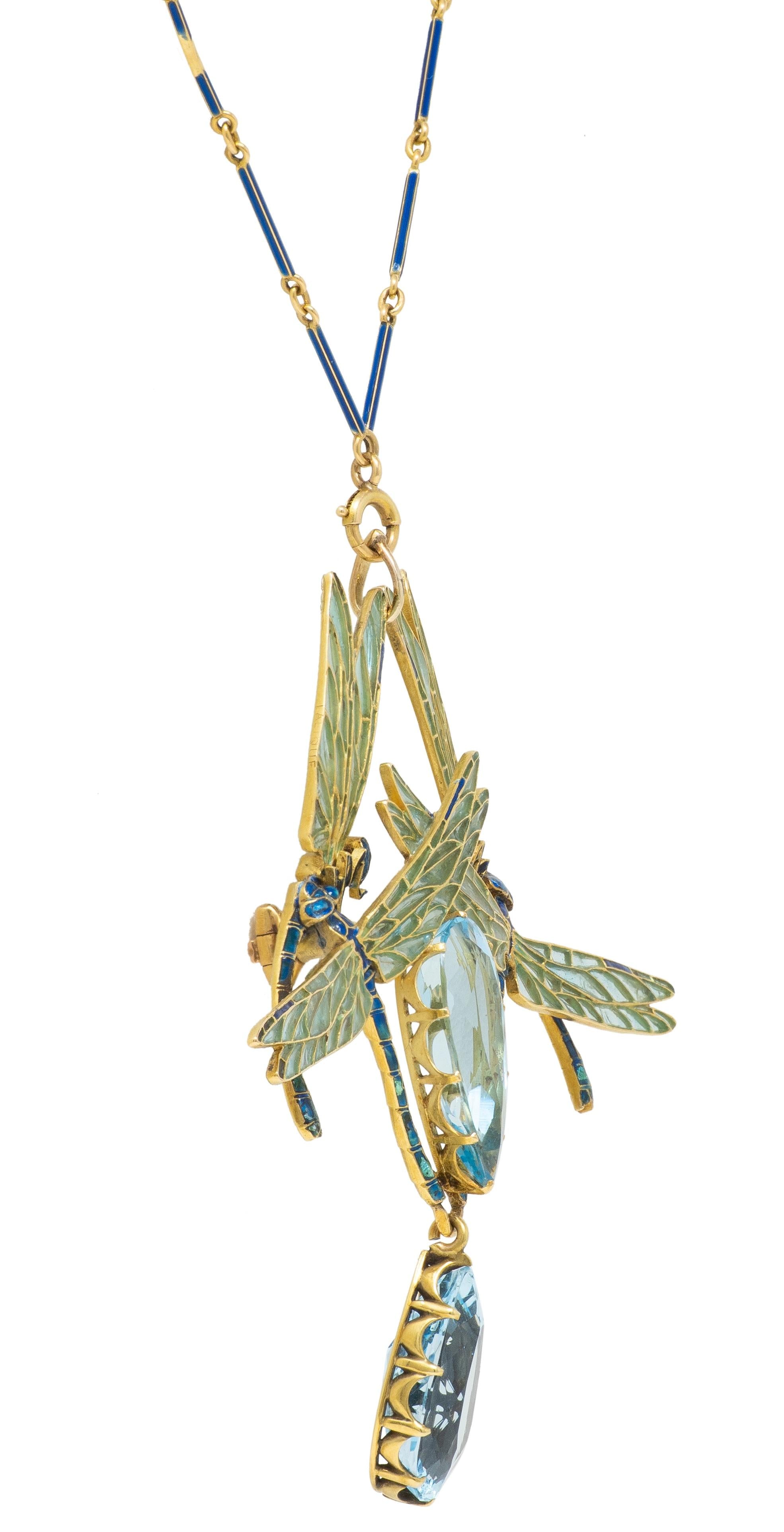 Rene Lalique 1903 Aquamarine Enamel 18K Gold Antique Four Dragonflies Necklace