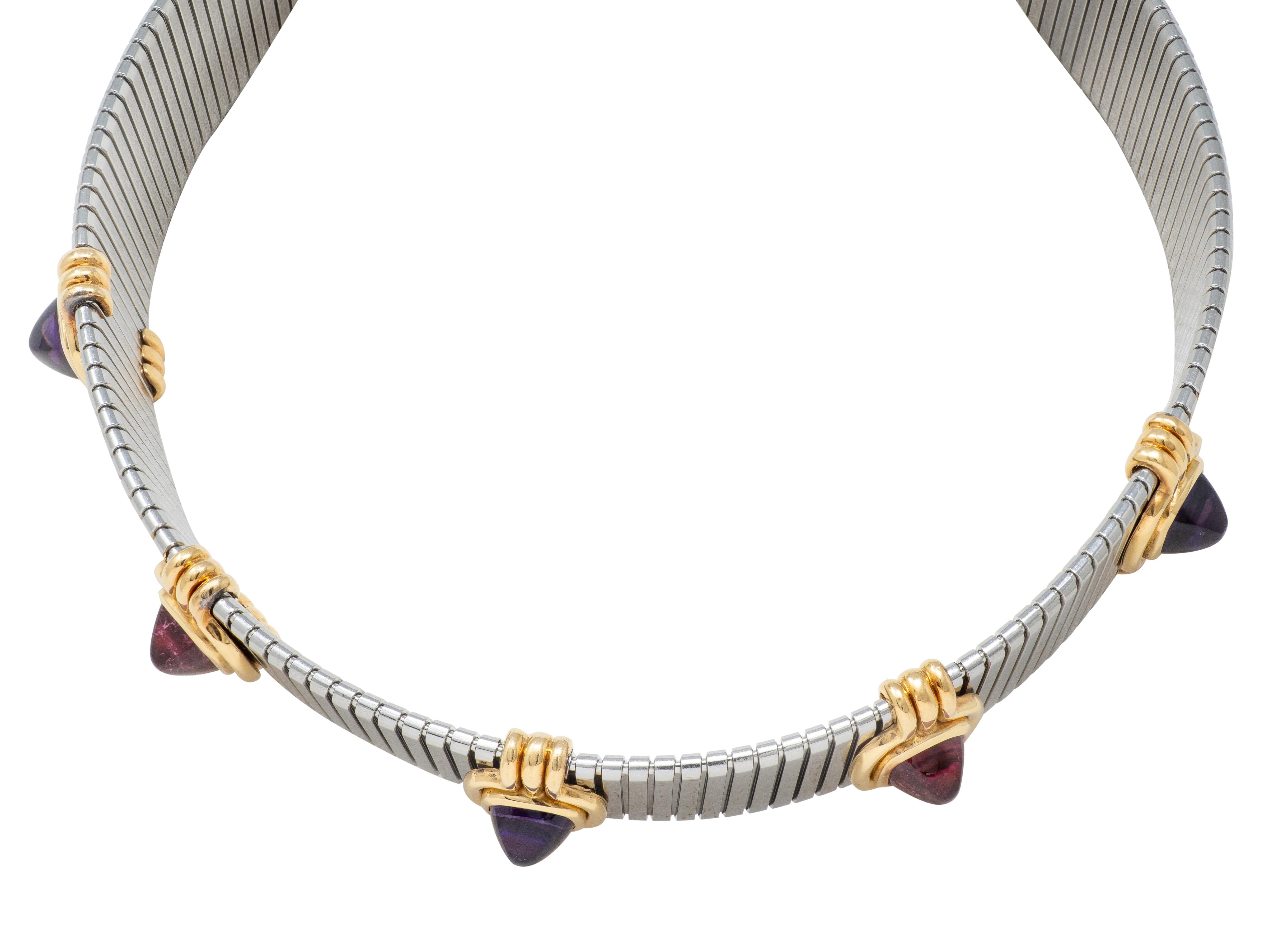 Bulgari 1980 Tourmaline Amethyst Steel 18K Gold Vintage Tubogas Collar Necklace